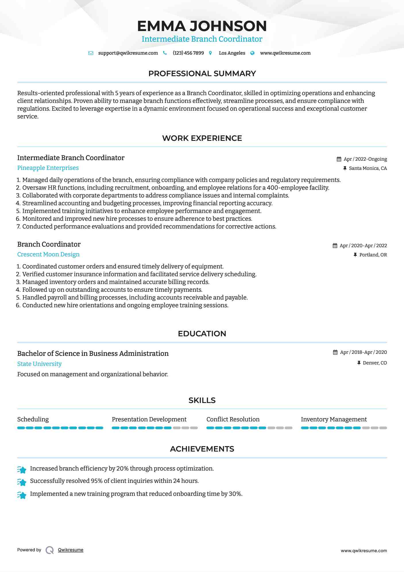 Intermediate Branch Coordinator Resume Example