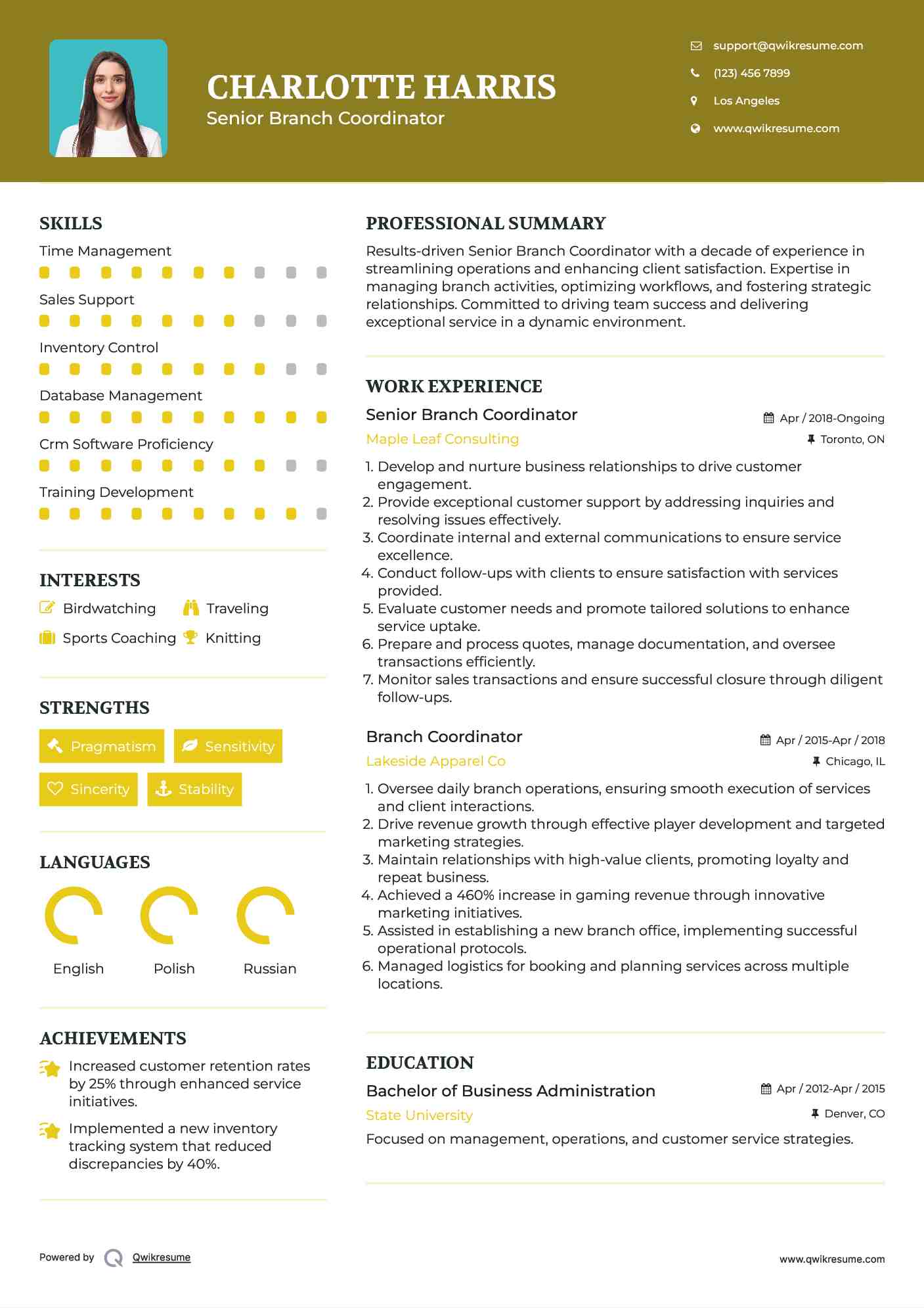 Senior Branch Coordinator Resume Template