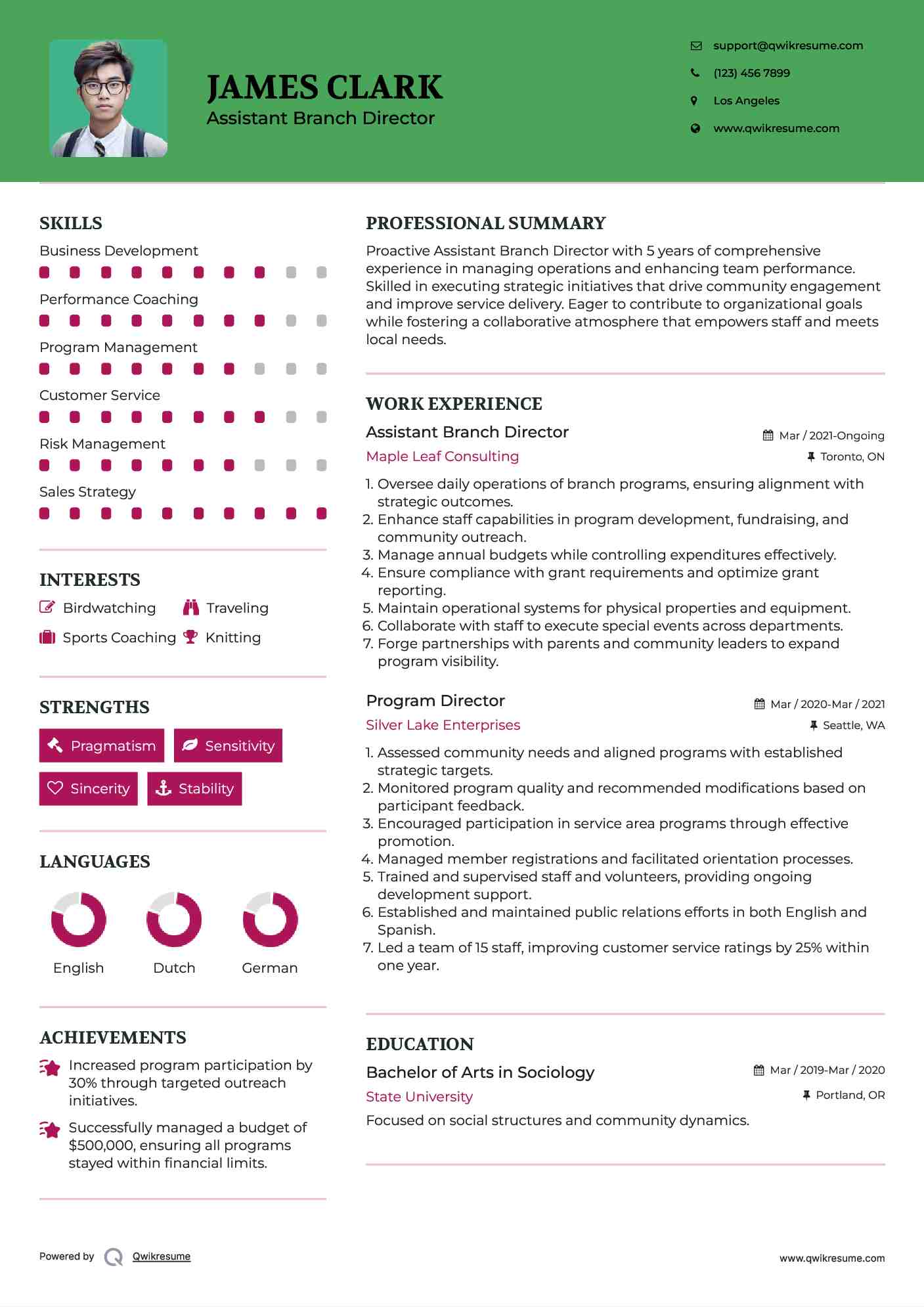 Assistant Branch Director Resume Example