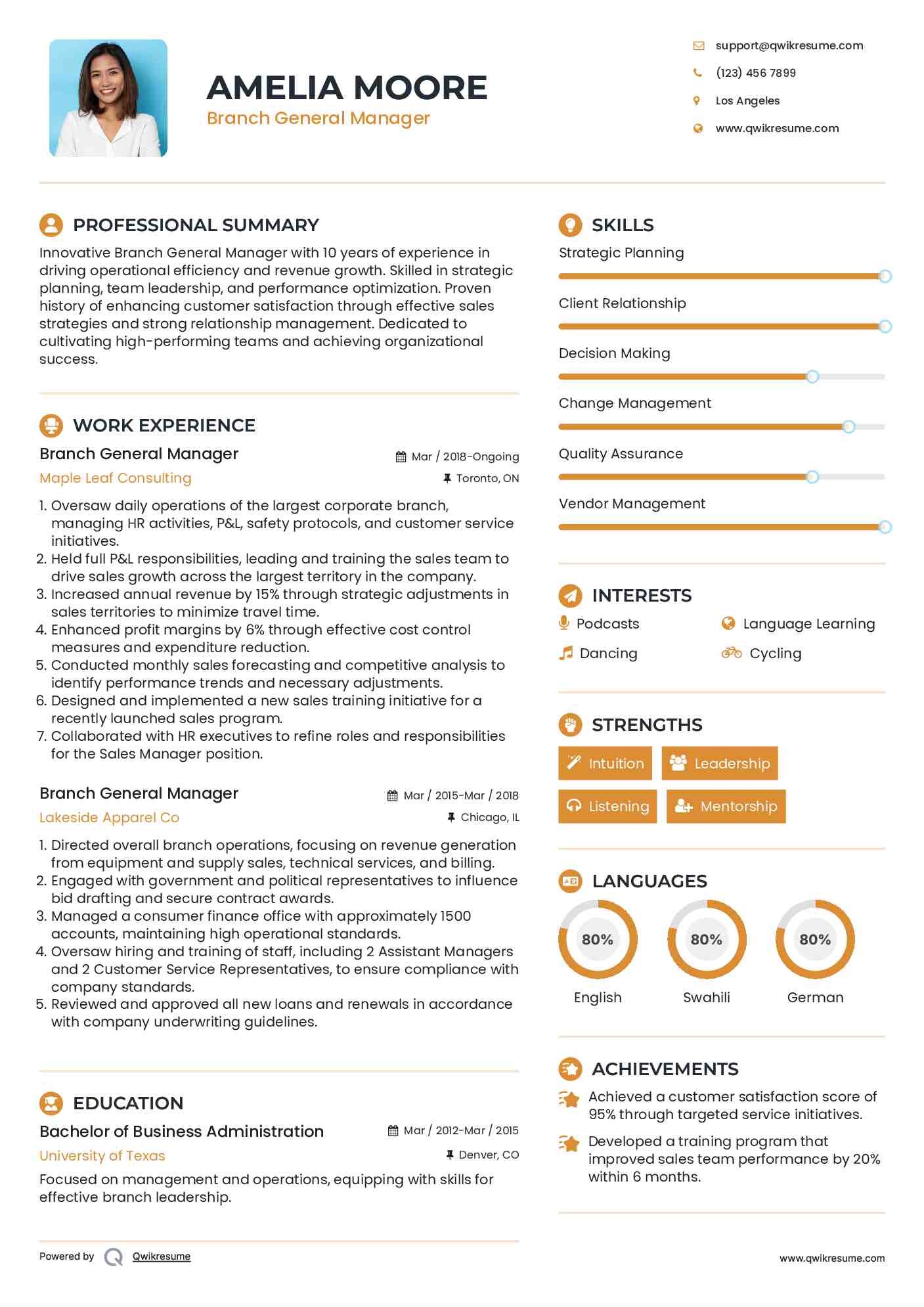 Branch General Manager Resume Format