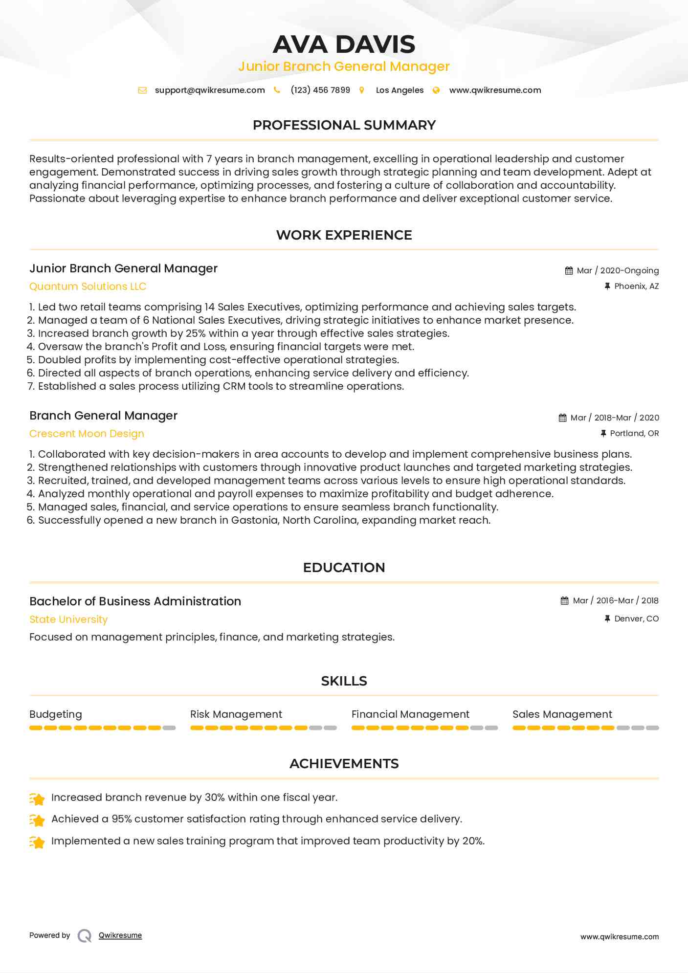 Junior Branch General Manager Resume Example
