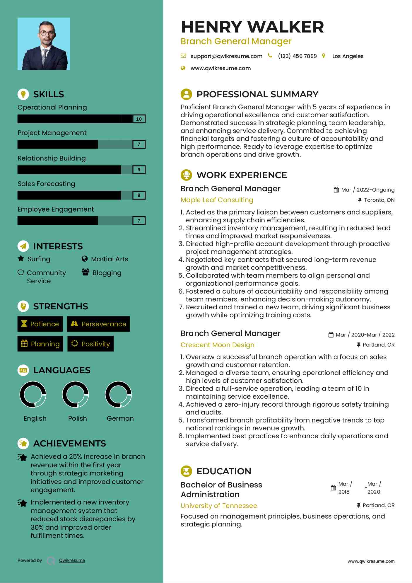 Branch General Manager Resume Template