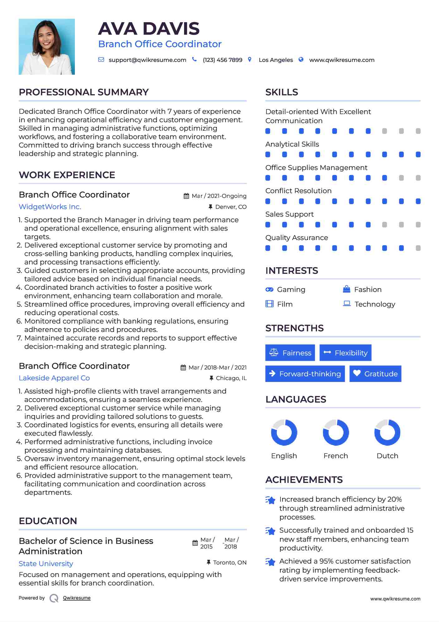 Branch Office Coordinator Resume Example