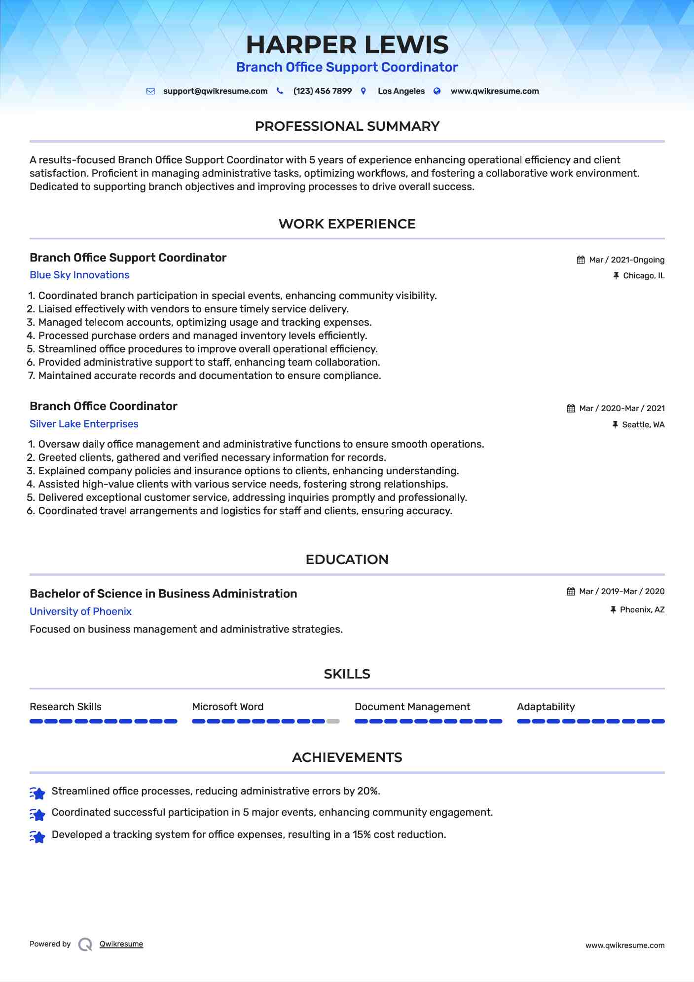 Branch Office Support Coordinator Resume Format