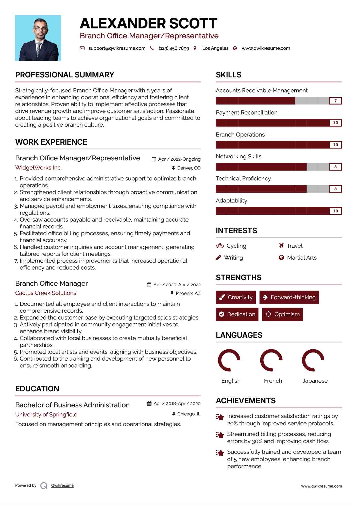 Branch Office Manager/Representative Resume Template