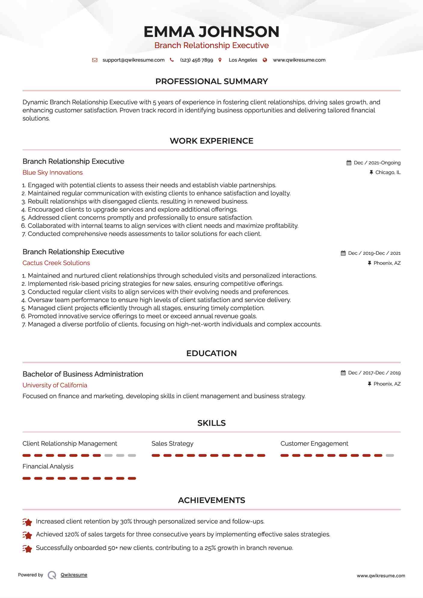 Branch Relationship Executive Resume Format