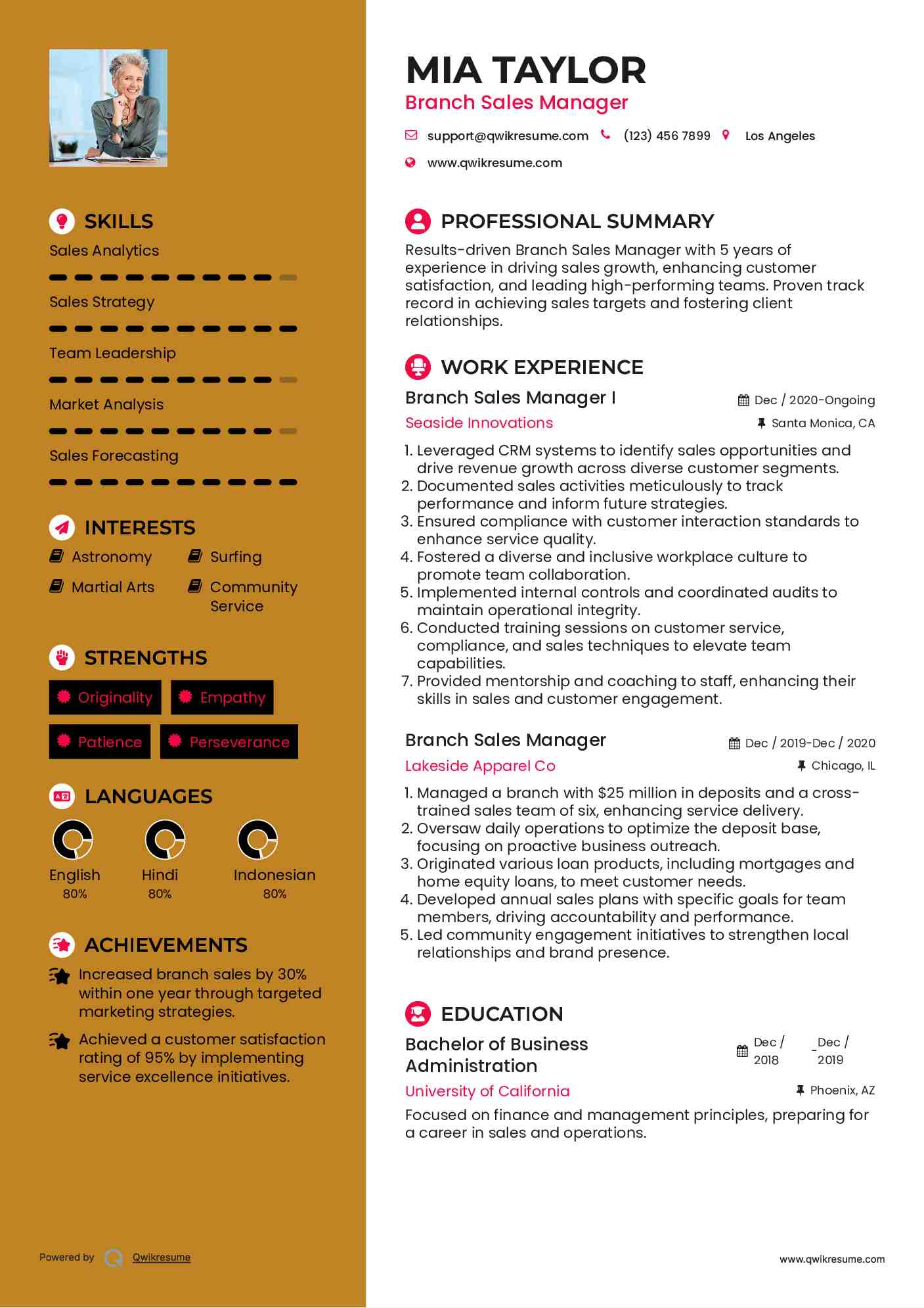 Branch Sales Manager I Resume Sample