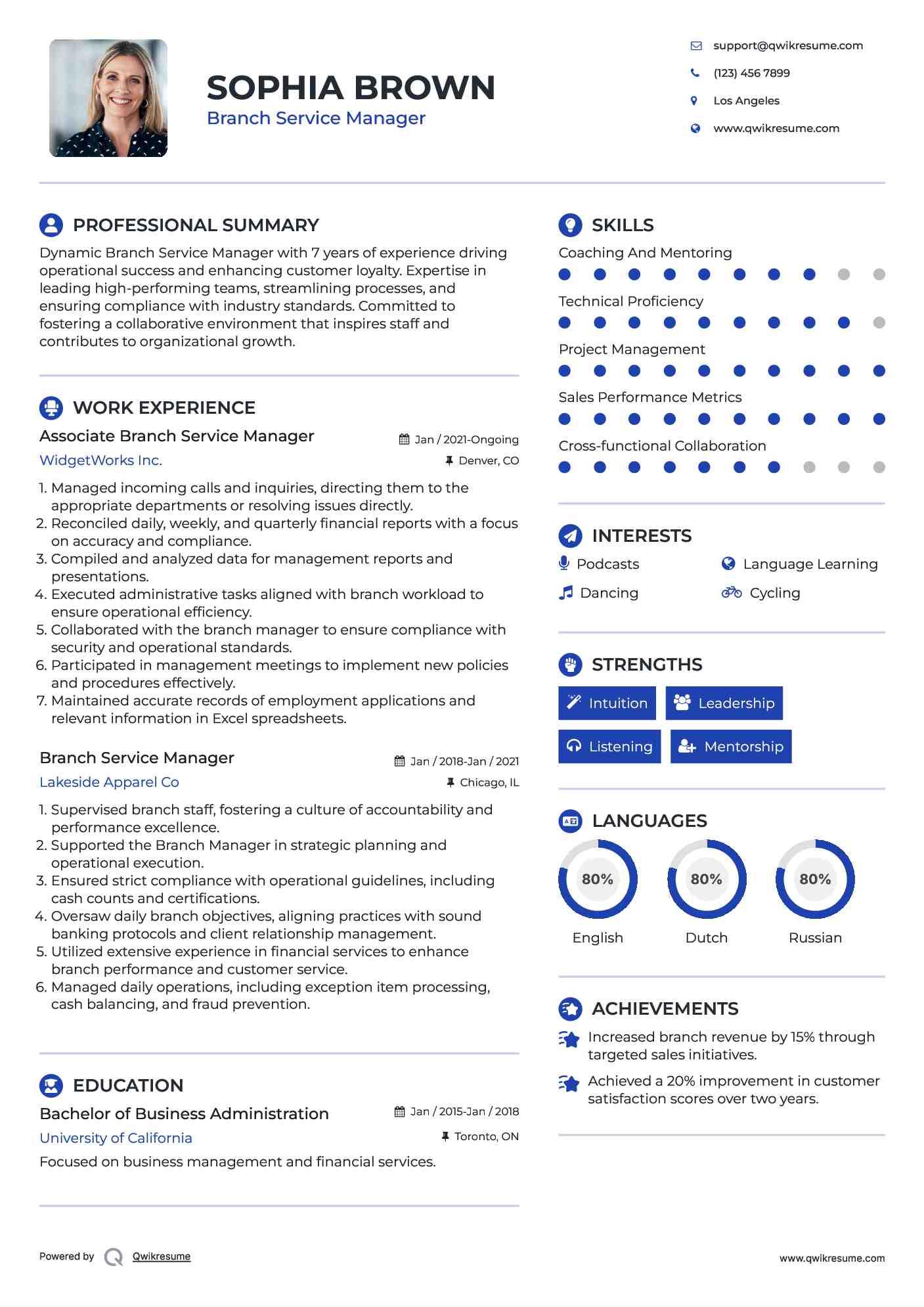 Associate Branch Service Manager Resume Format