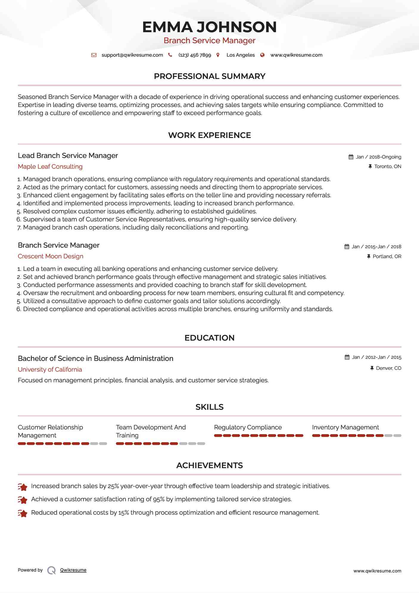 Lead Branch Service Manager Resume Template