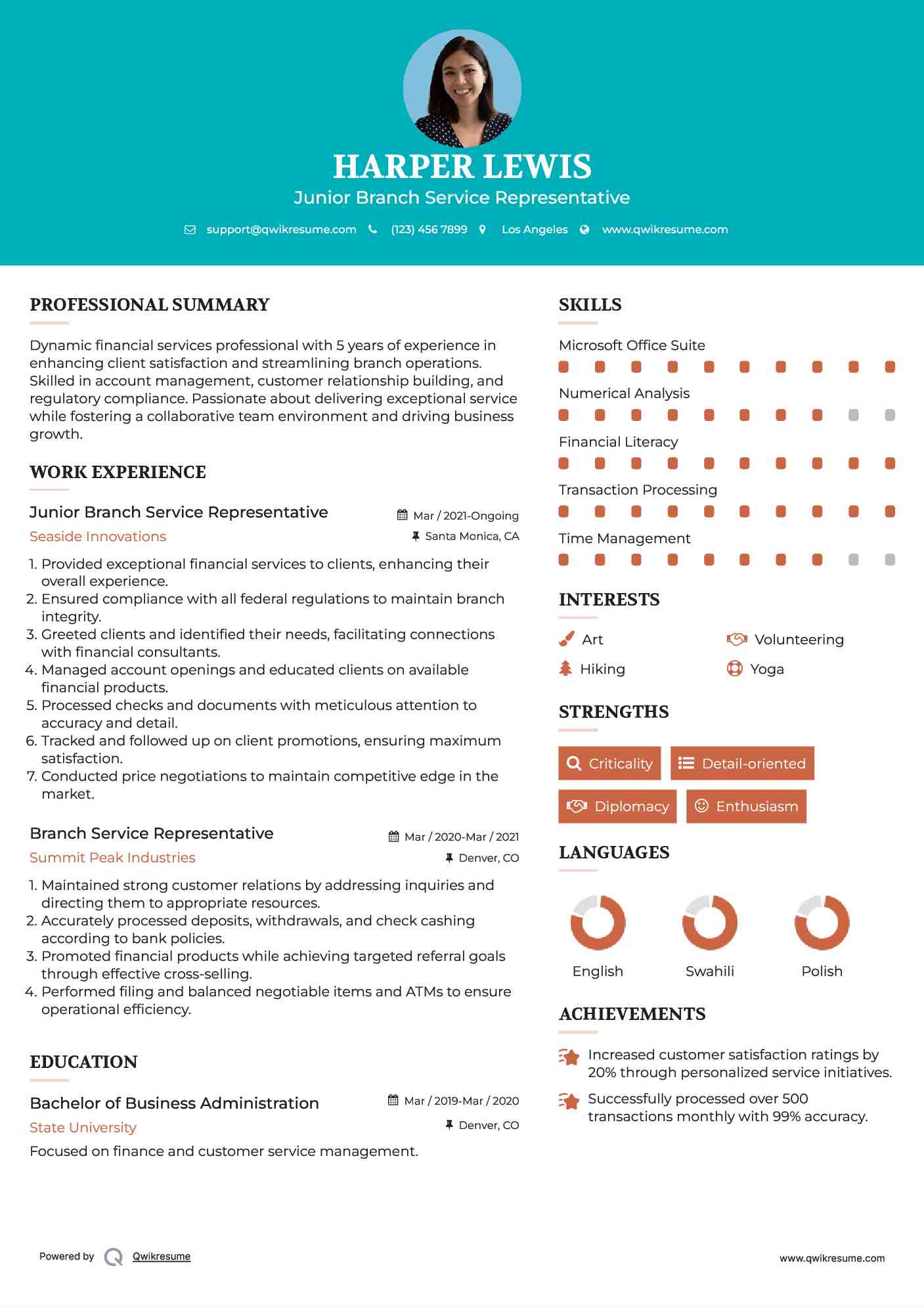 Junior Branch Service Representative Resume Model