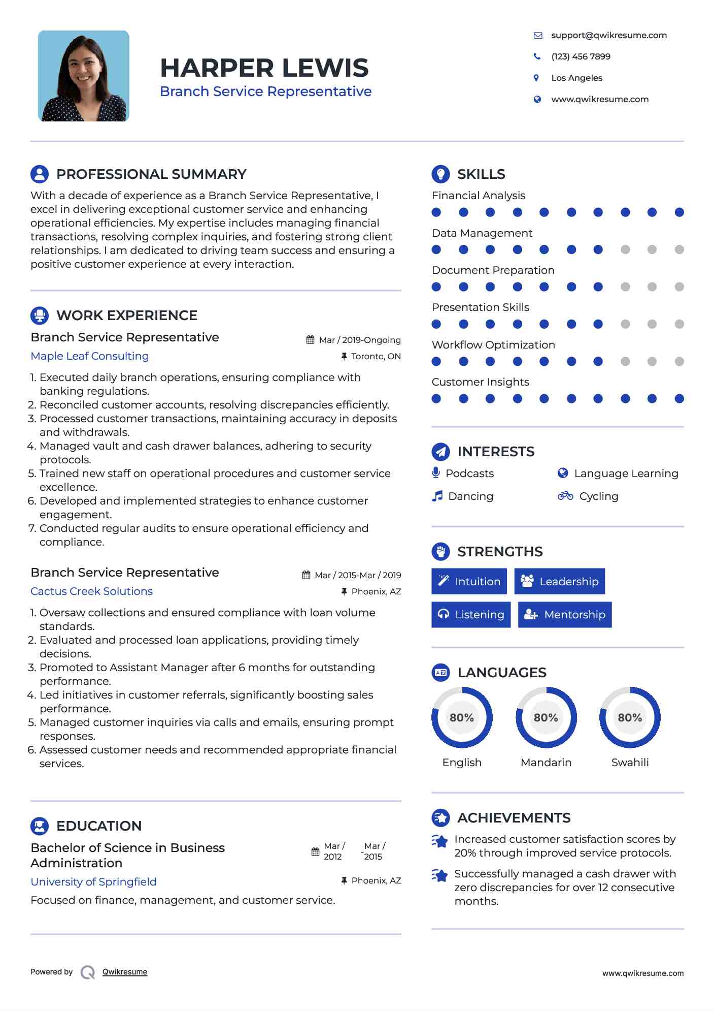 Branch Service Representative Resume Sample