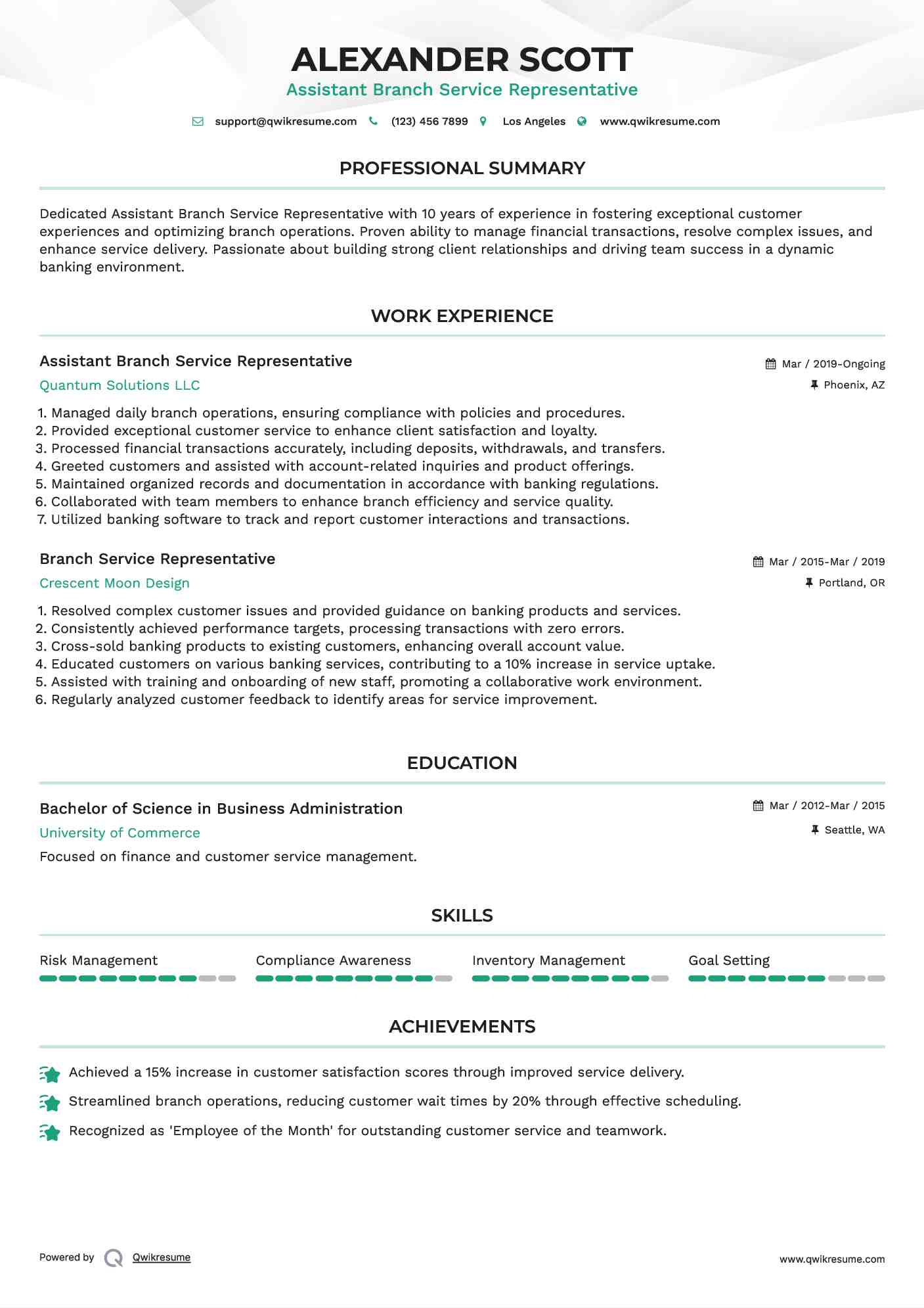 Assistant Branch Service Representative Resume Format