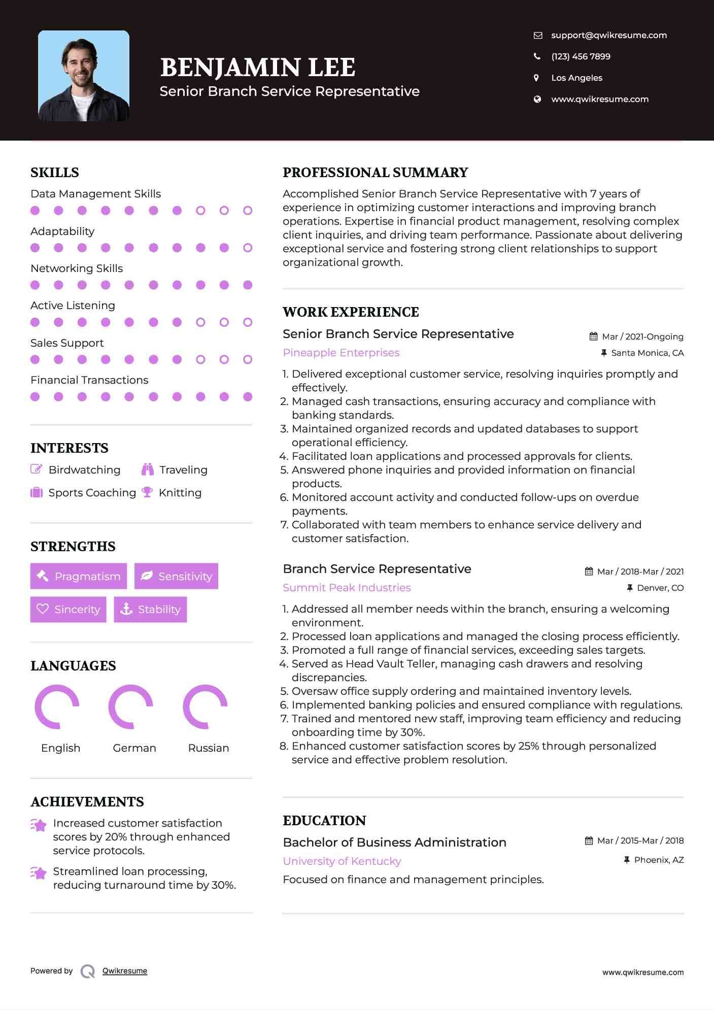 Senior Branch Service Representative Resume Template