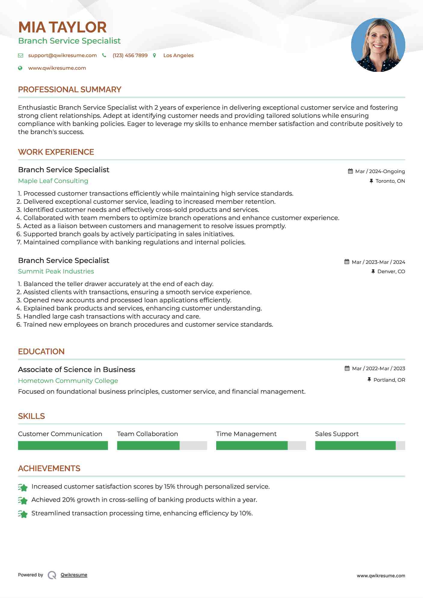 Branch Service Specialist Resume Sample