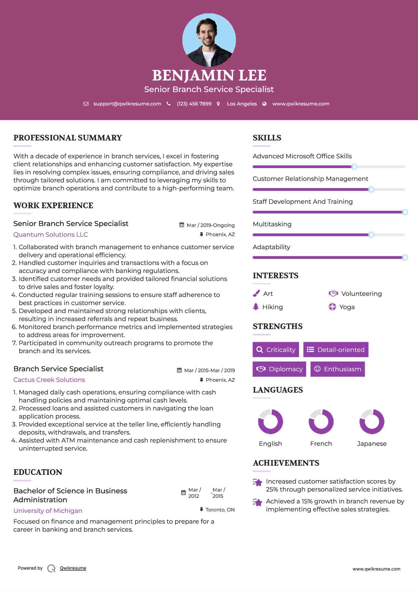 Senior Branch Service Specialist Resume Model