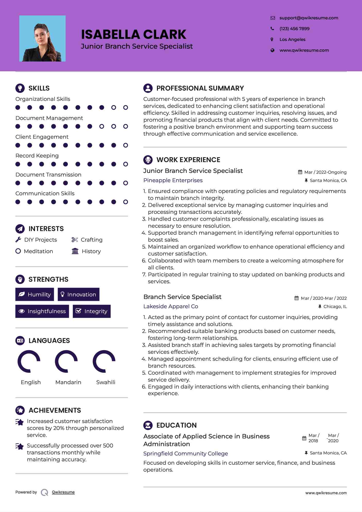 Junior Branch Service Specialist Resume Model