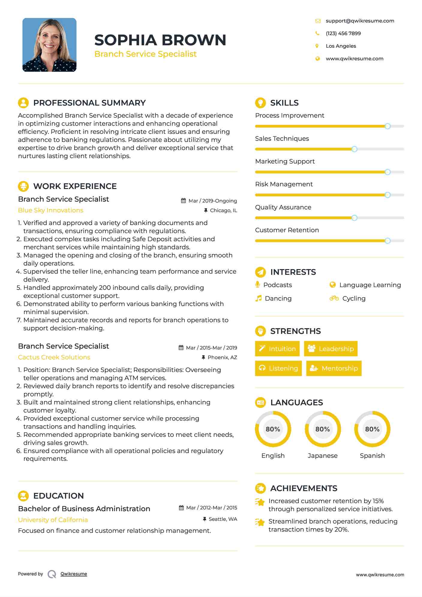 Branch Service Specialist Resume Template