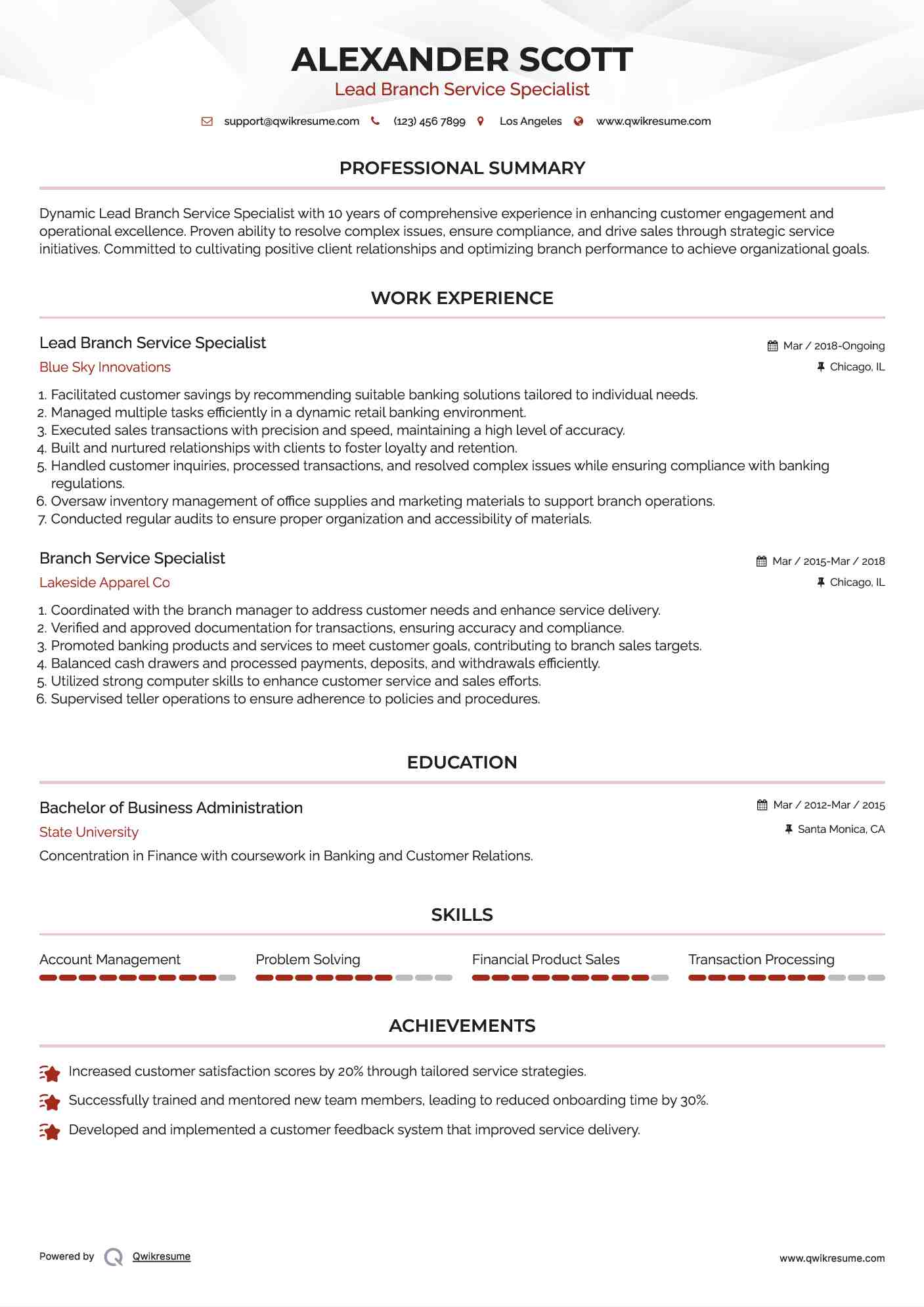 Lead Branch Service Specialist Resume Template