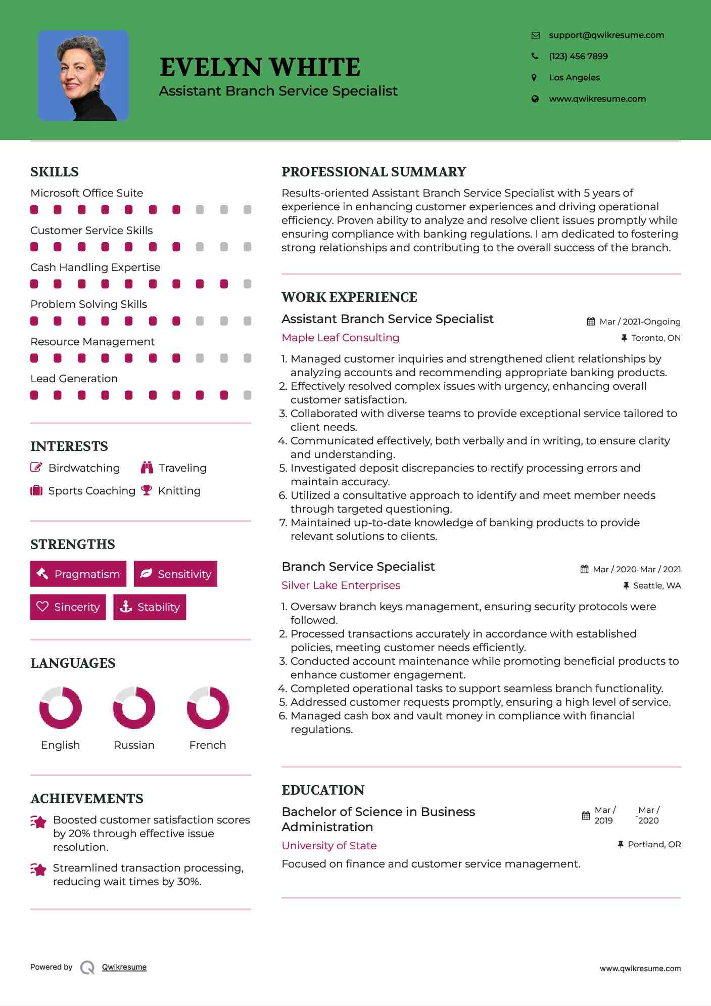 Assistant Branch Service Specialist Resume Template