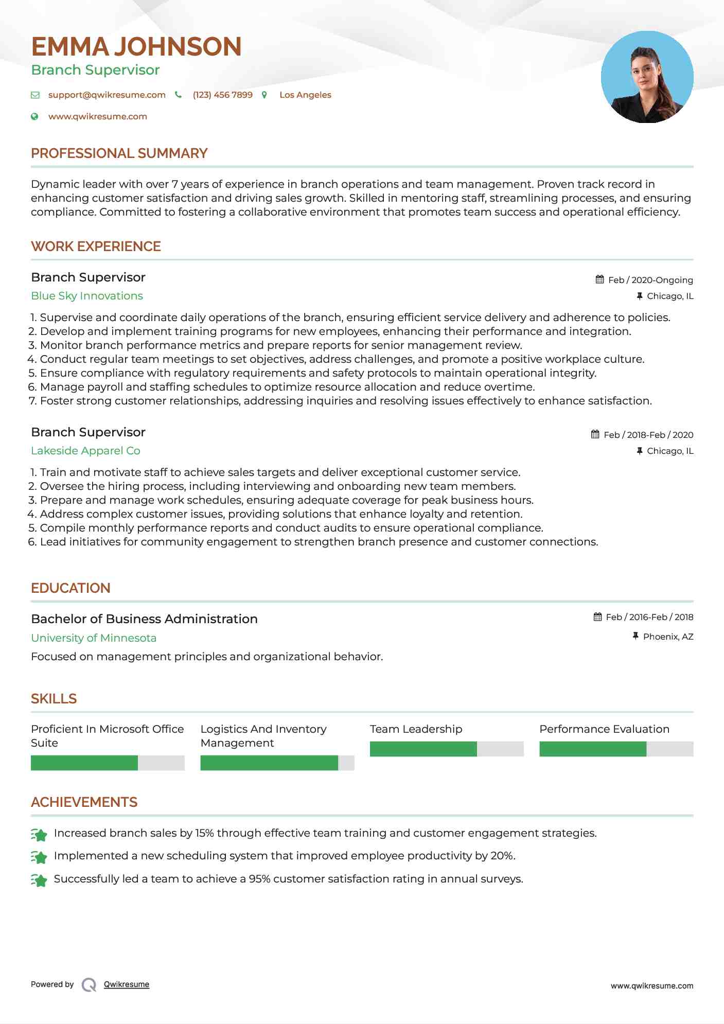 Branch Supervisor Resume Model