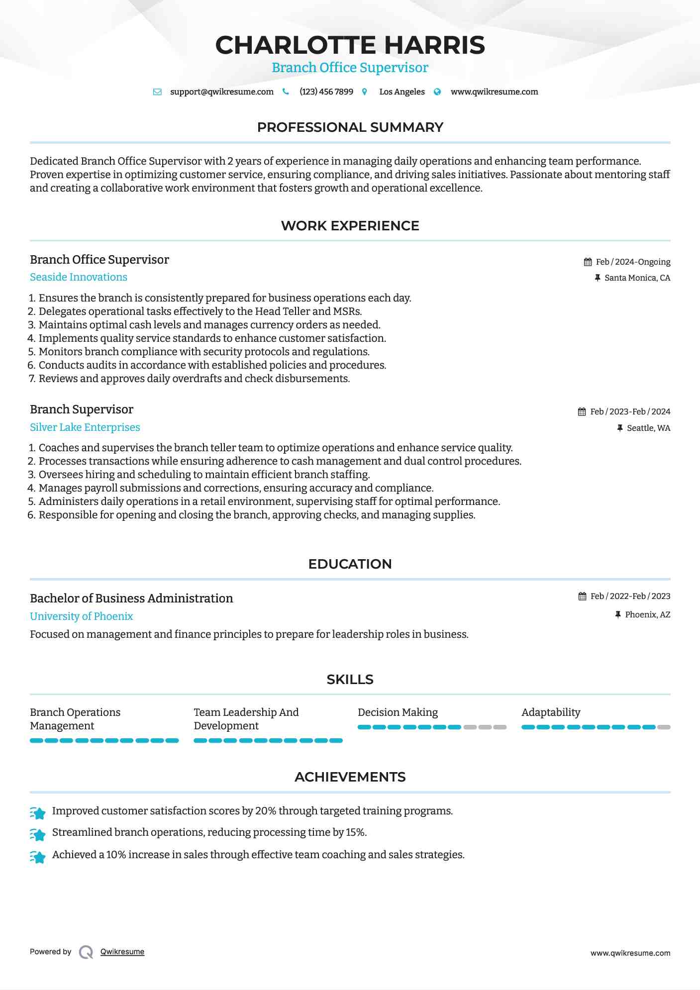 Branch Office Supervisor Resume Template