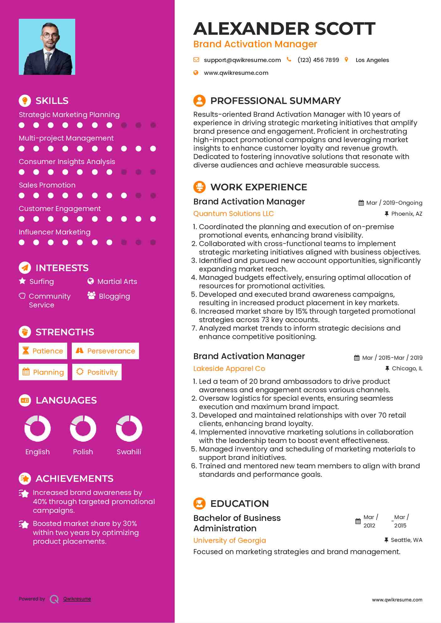 Brand Activation Manager Resume Example