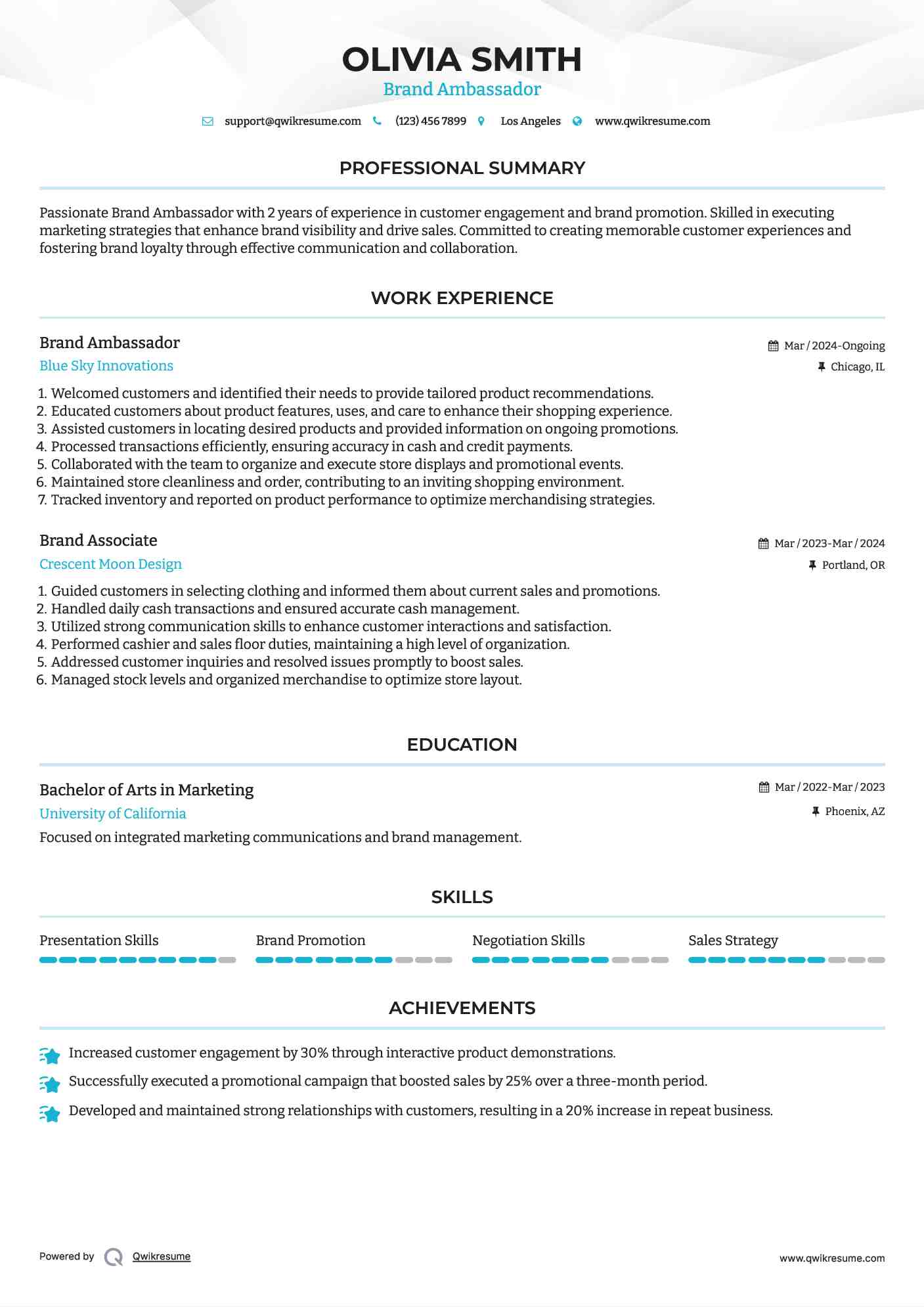 Brand Ambassador Resume Example