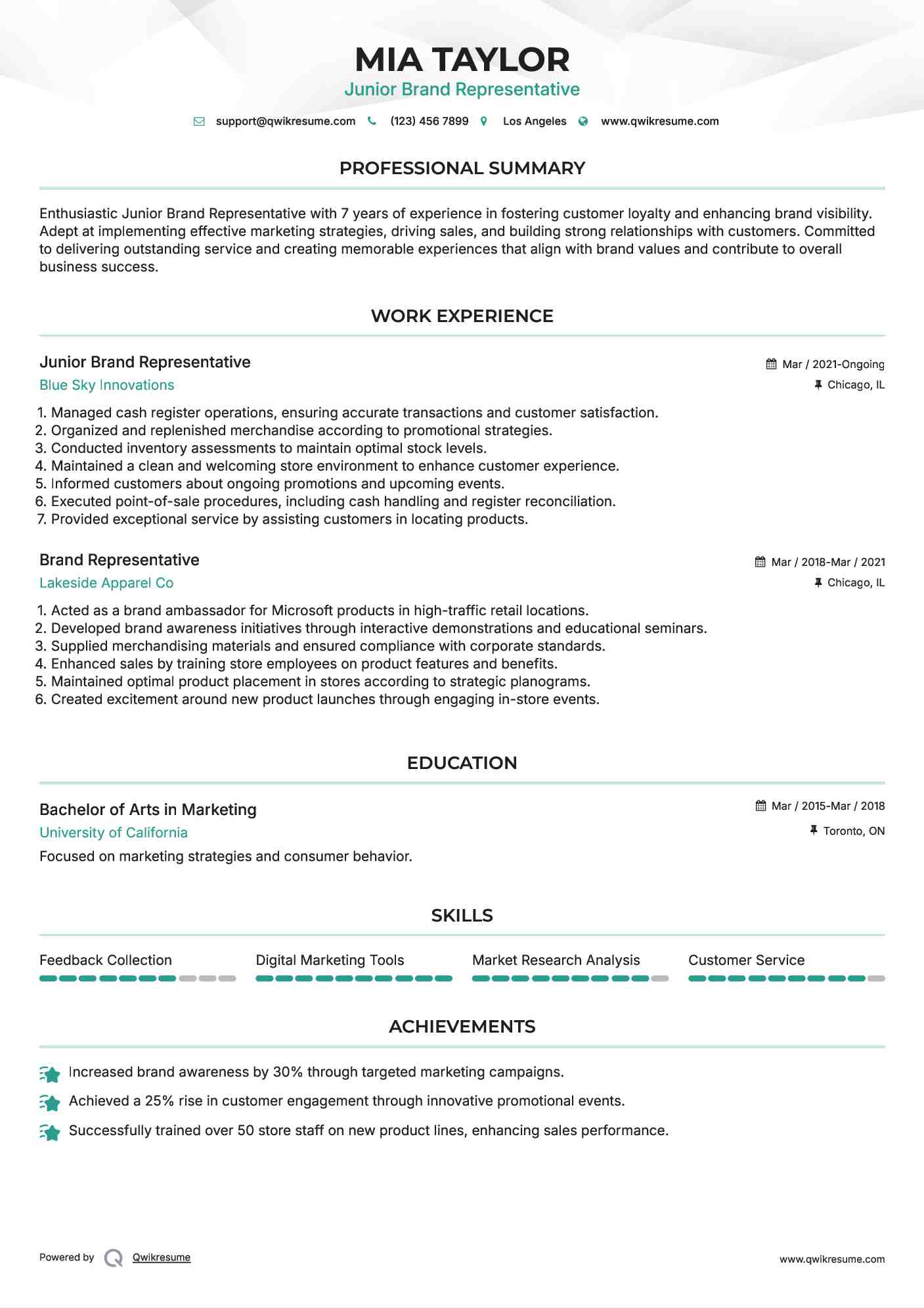 Junior Brand Representative Resume Sample