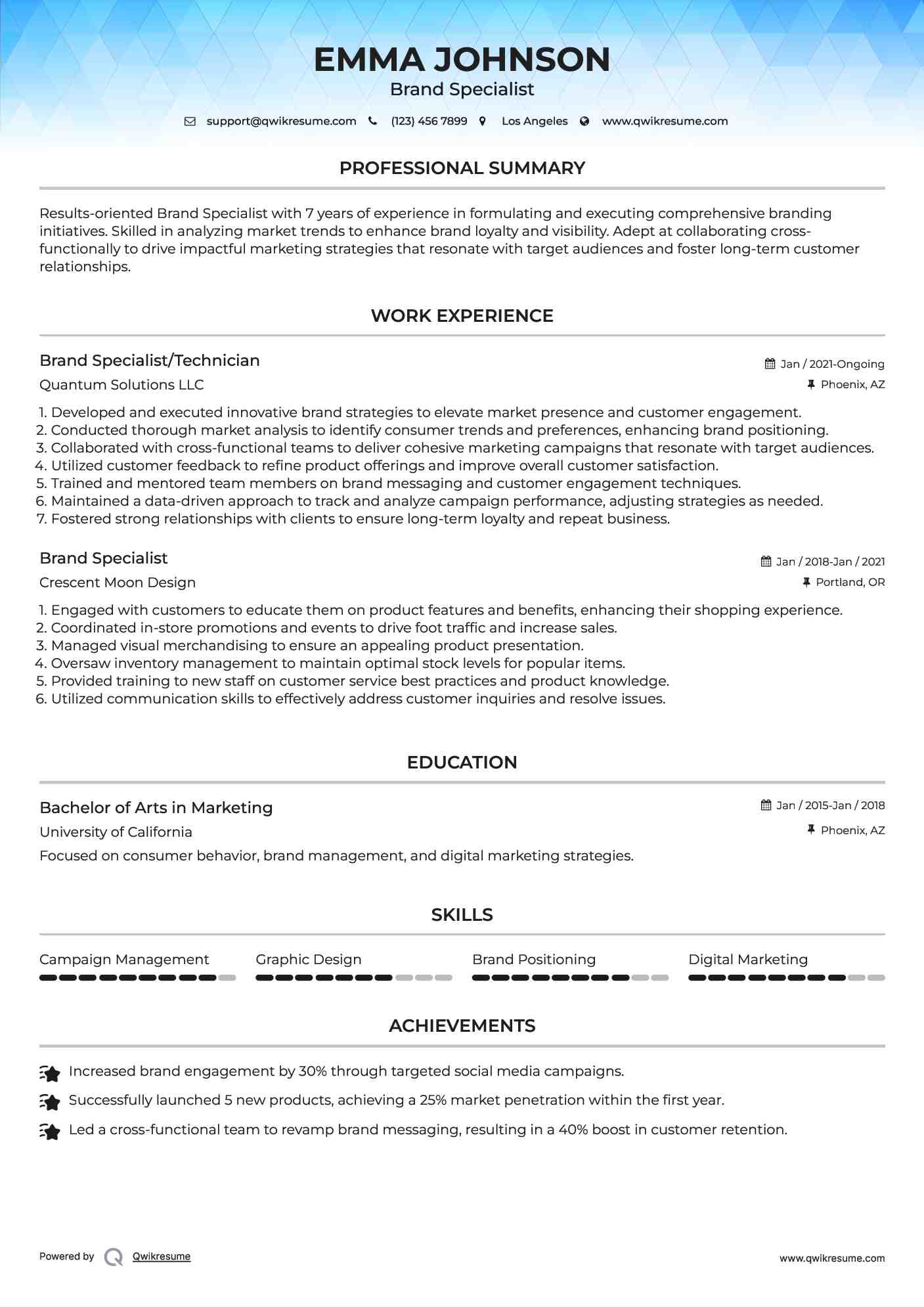 Brand Specialist/Technician Resume Example