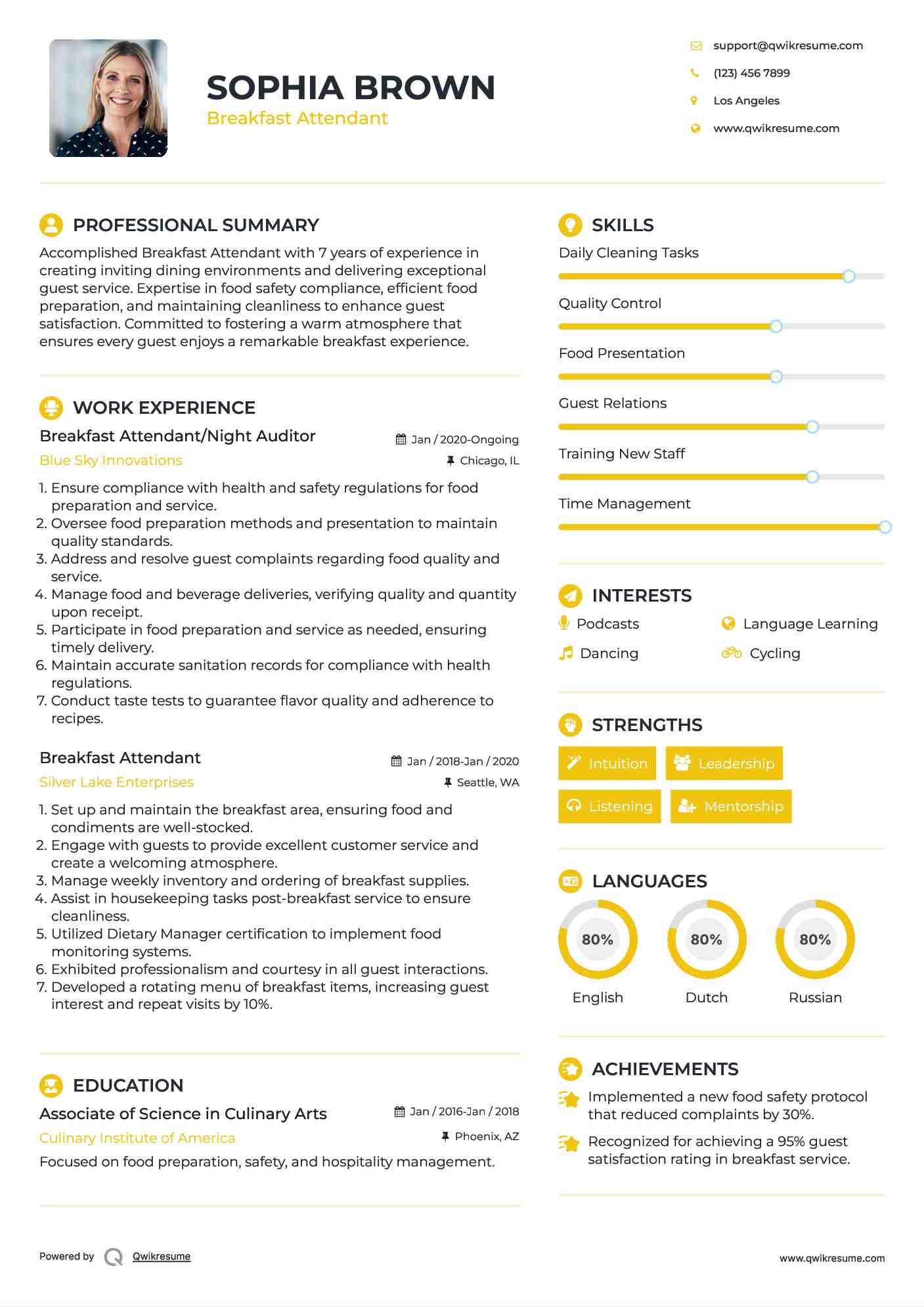 Breakfast Attendant/Night Auditor Resume Sample