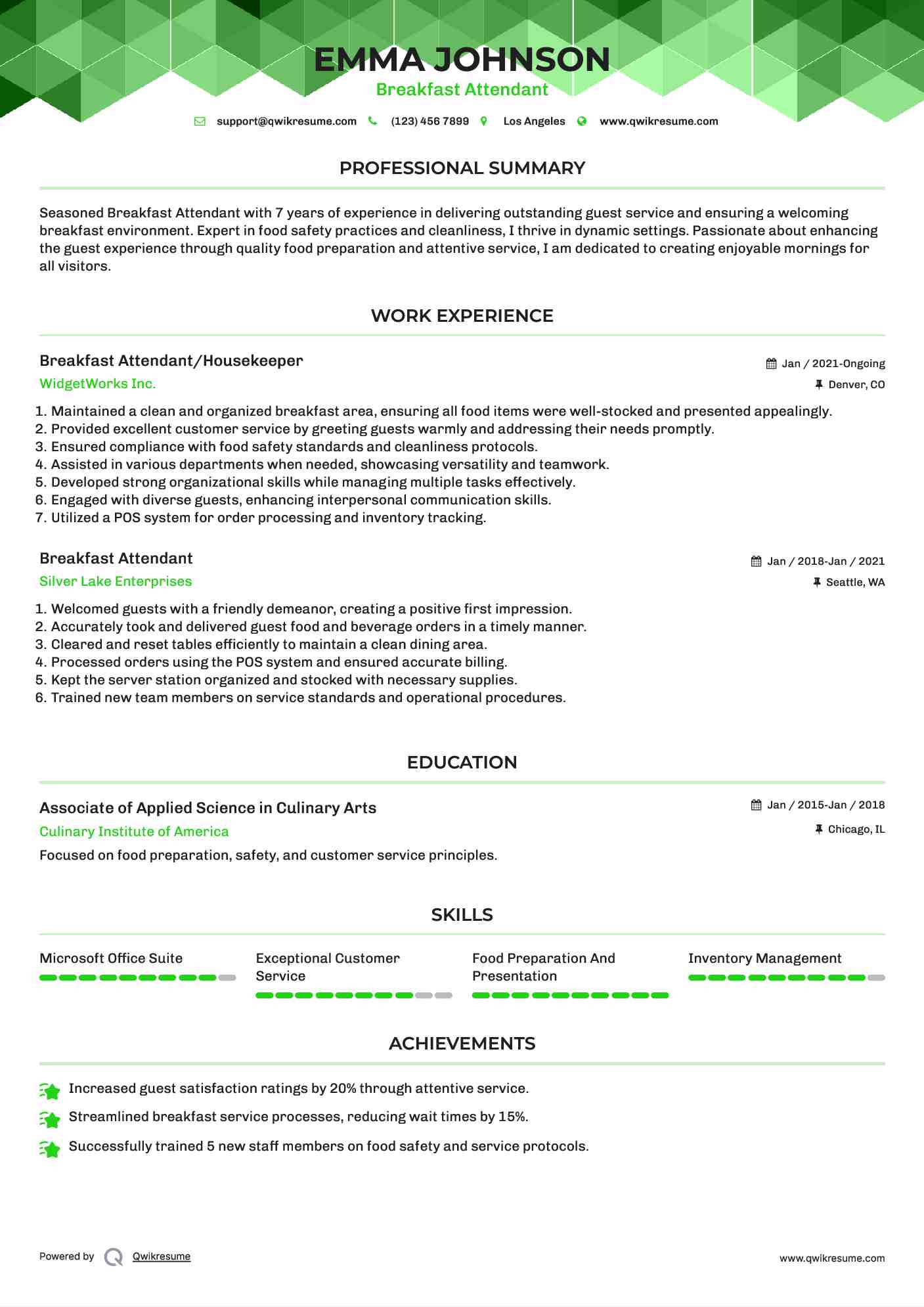 Breakfast Attendant/Housekeeper Resume Template