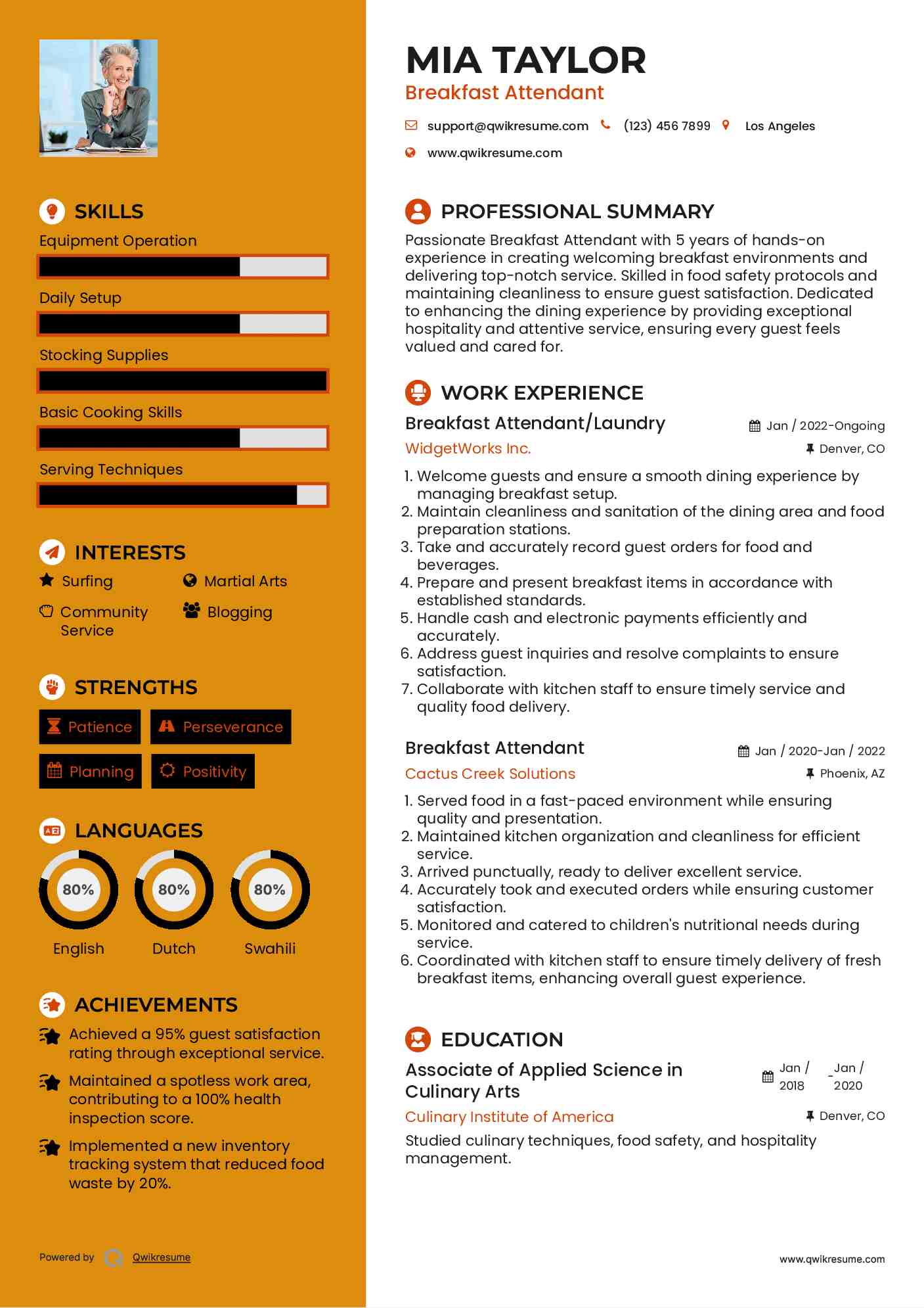 Breakfast Attendant/Laundry Resume Format