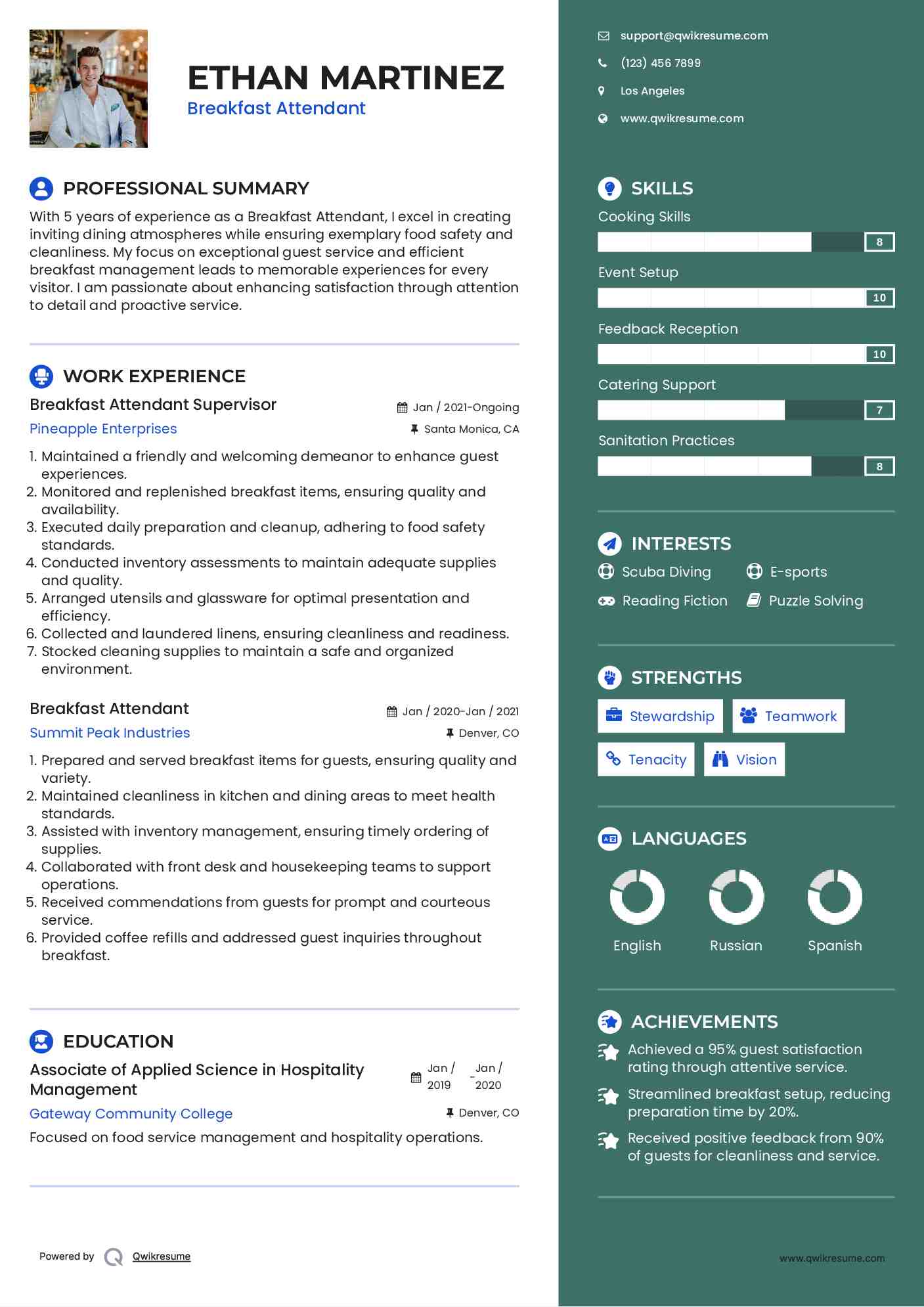 Breakfast Attendant Supervisor Resume Example