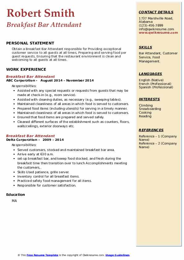 Breakfast Bar Attendant Resume Samples QwikResume
