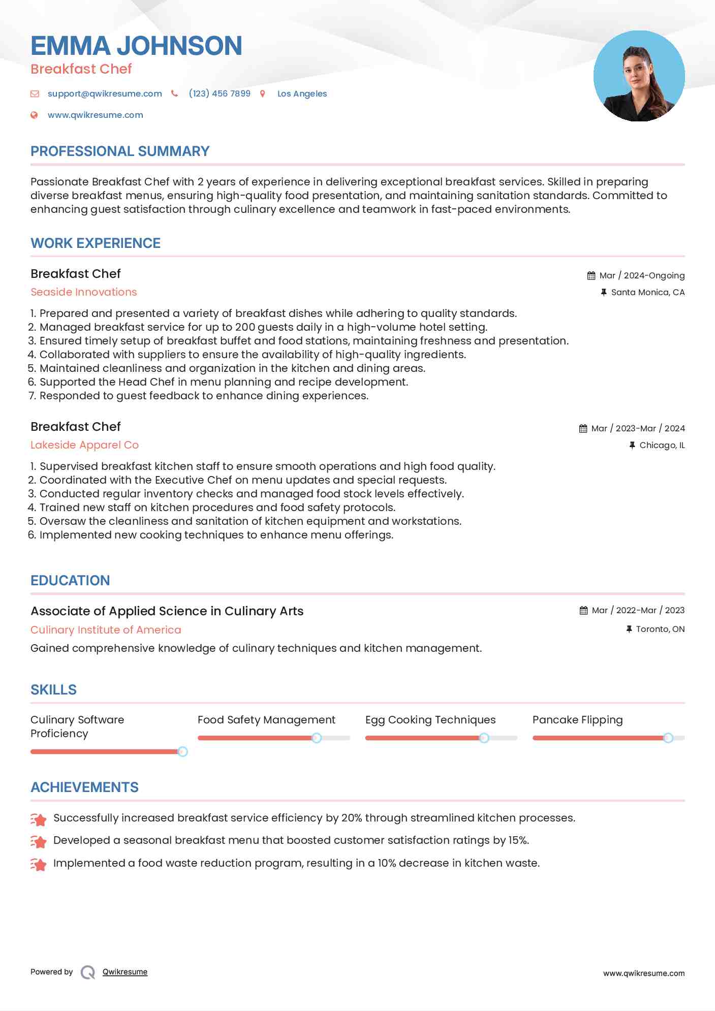 Breakfast Chef Resume Example