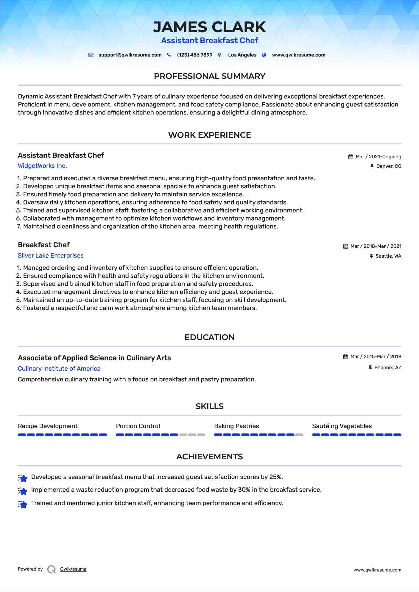Assistant Breakfast Chef Resume Example