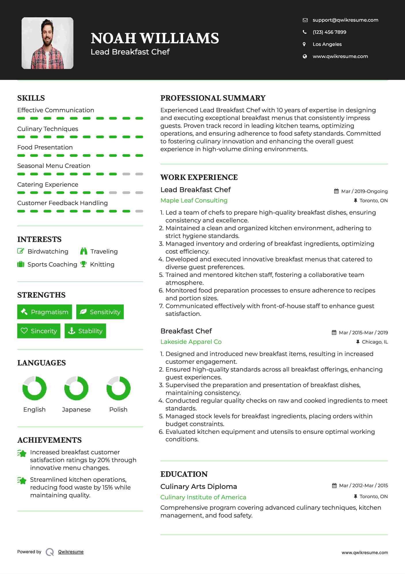 Lead Breakfast Chef Resume Sample