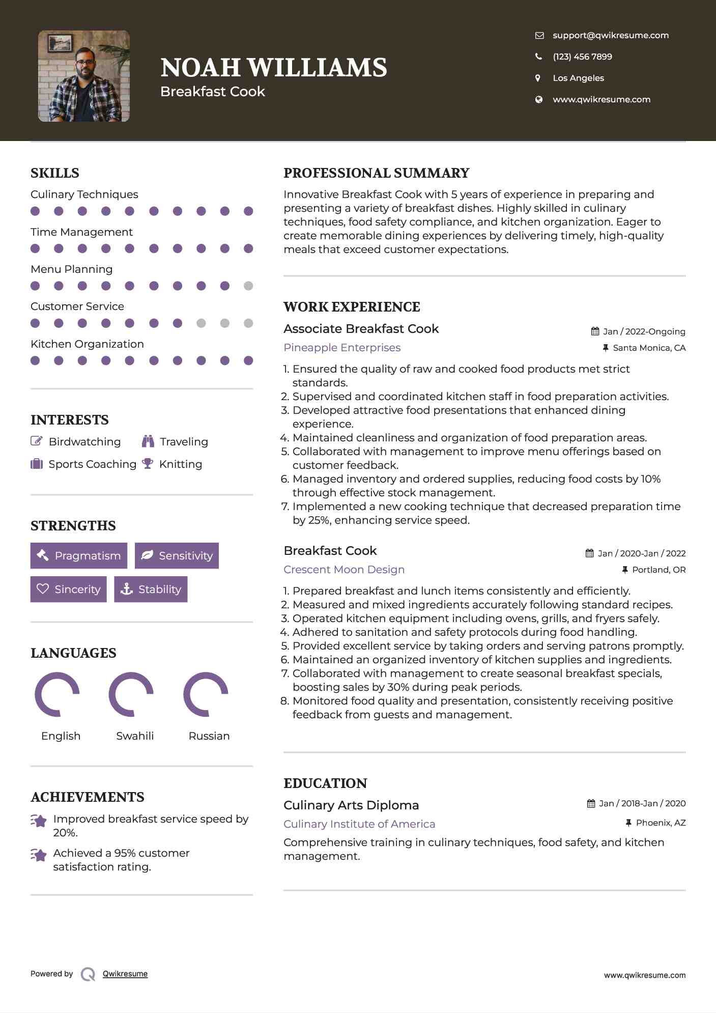 Associate Breakfast Cook Resume Format