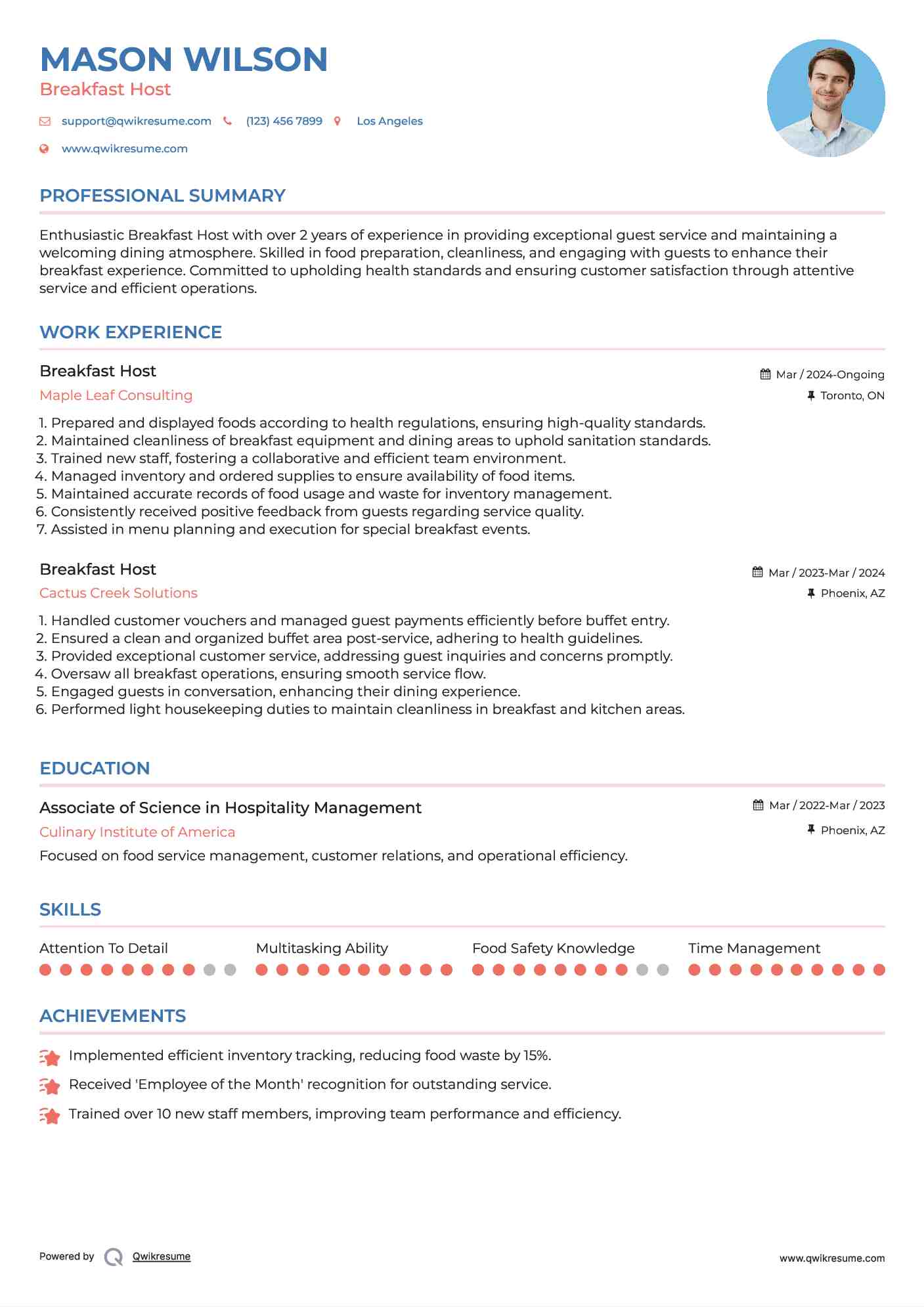 Breakfast Host Resume Example