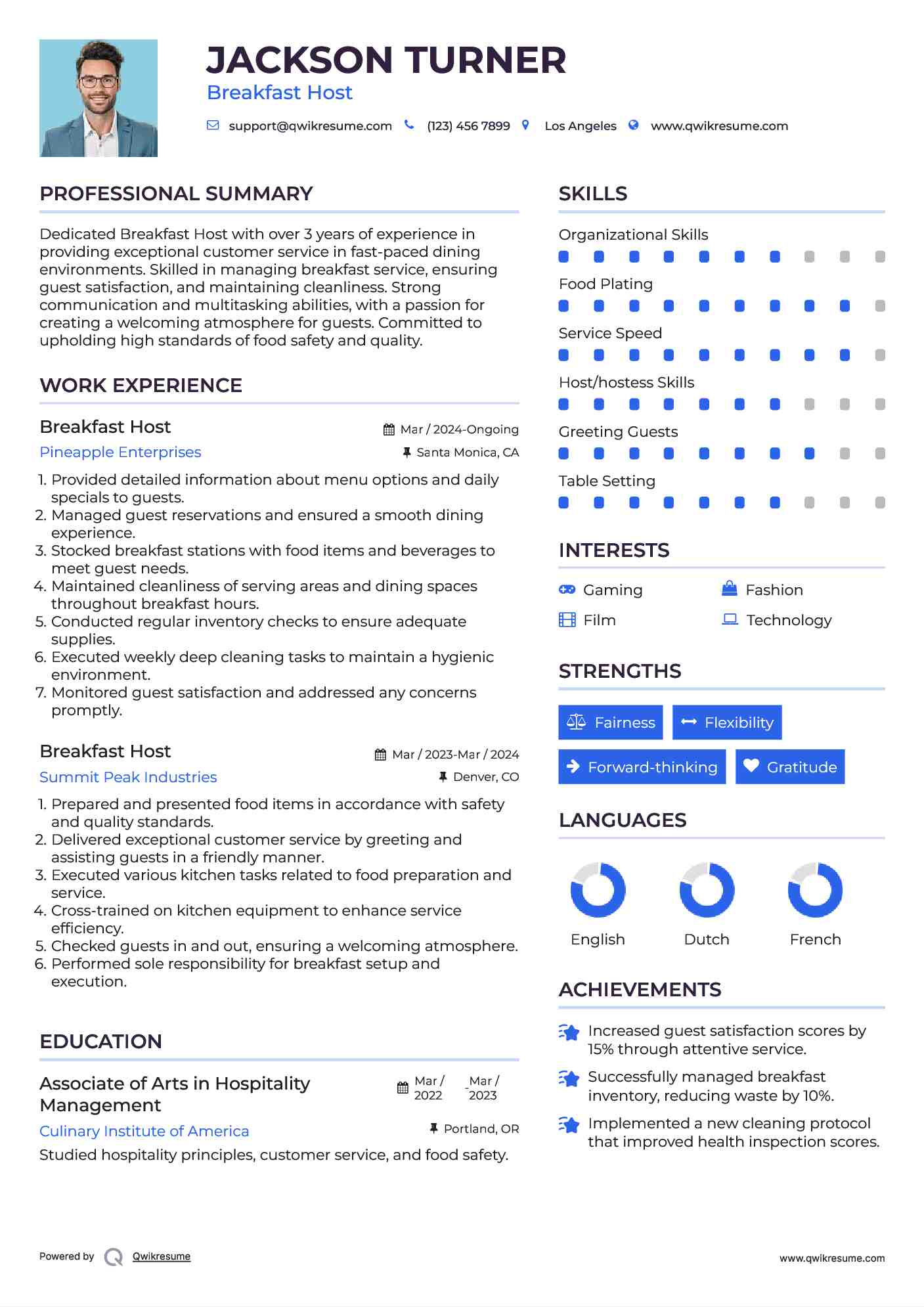 Breakfast Host Resume Sample