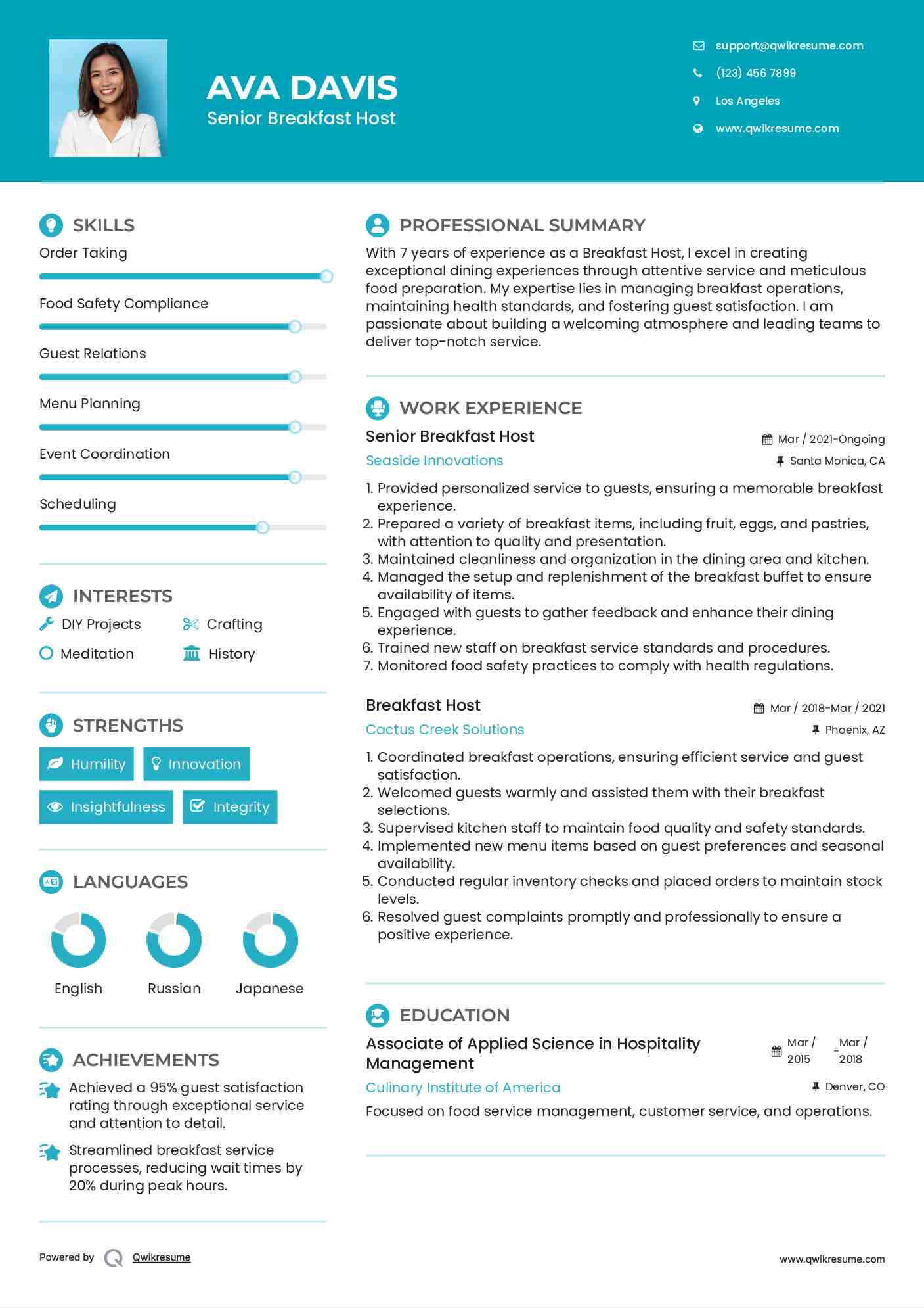 Senior Breakfast Host Resume Sample