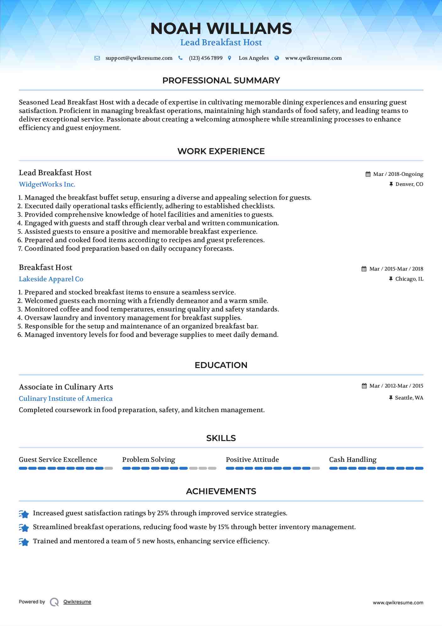 Lead Breakfast Host Resume Template
