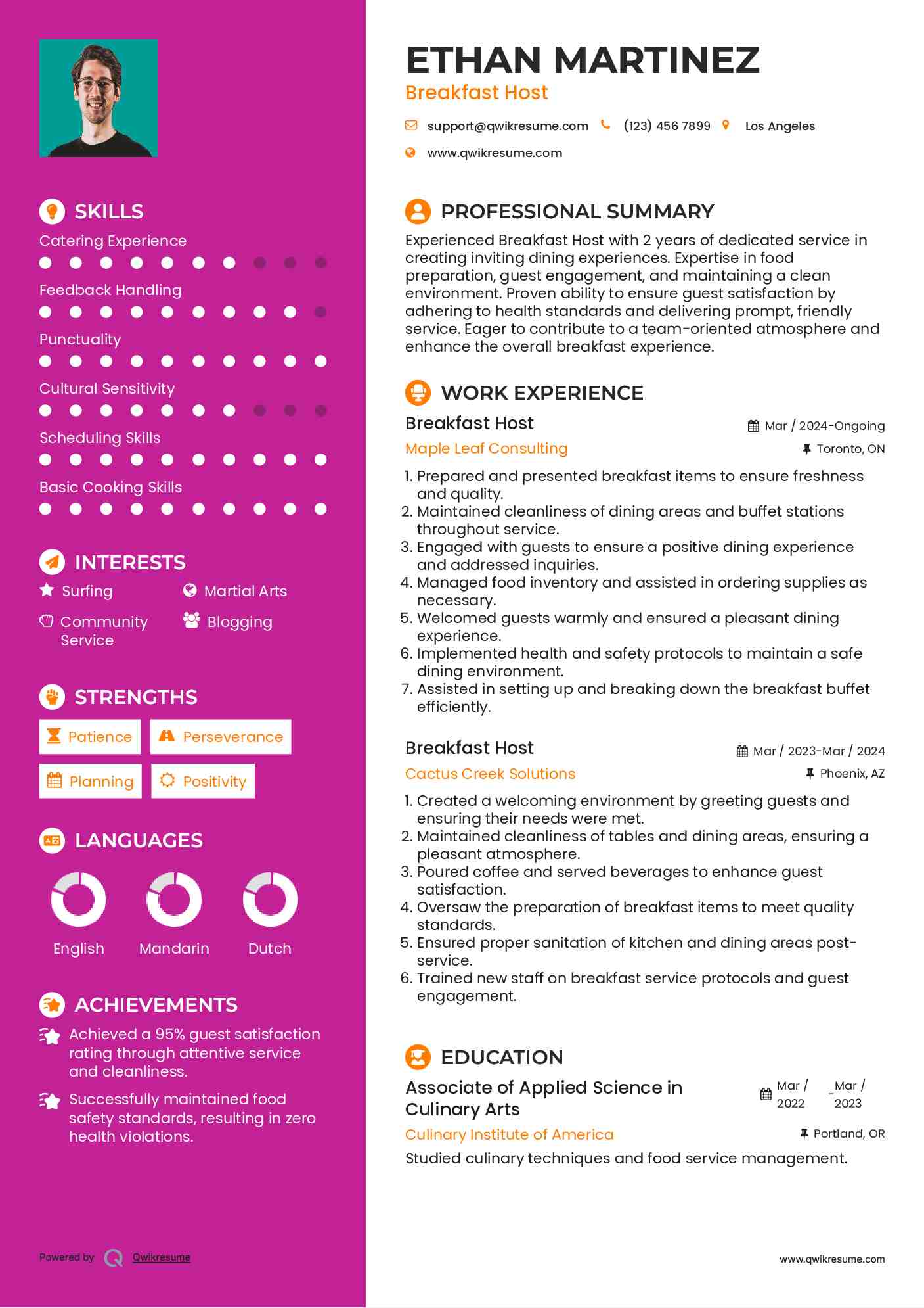Breakfast Host Resume Template
