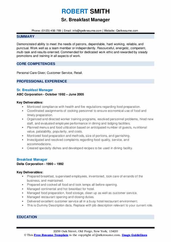 Breakfast Manager Resume Samples QwikResume