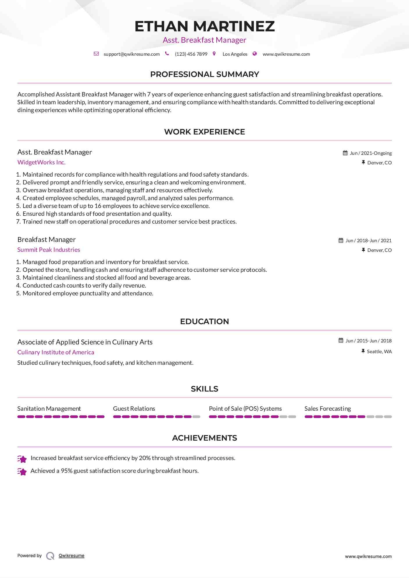 Asst. Breakfast Manager Resume Sample