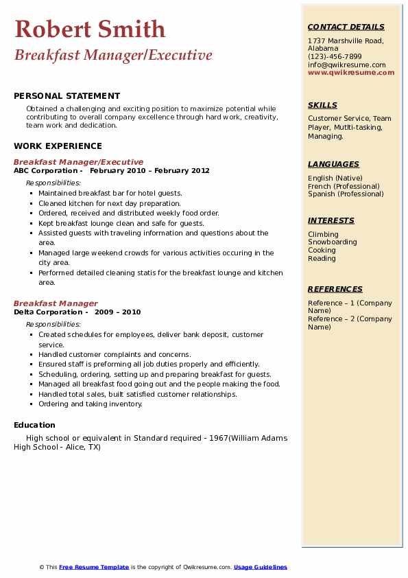 Breakfast Manager Resume Samples QwikResume