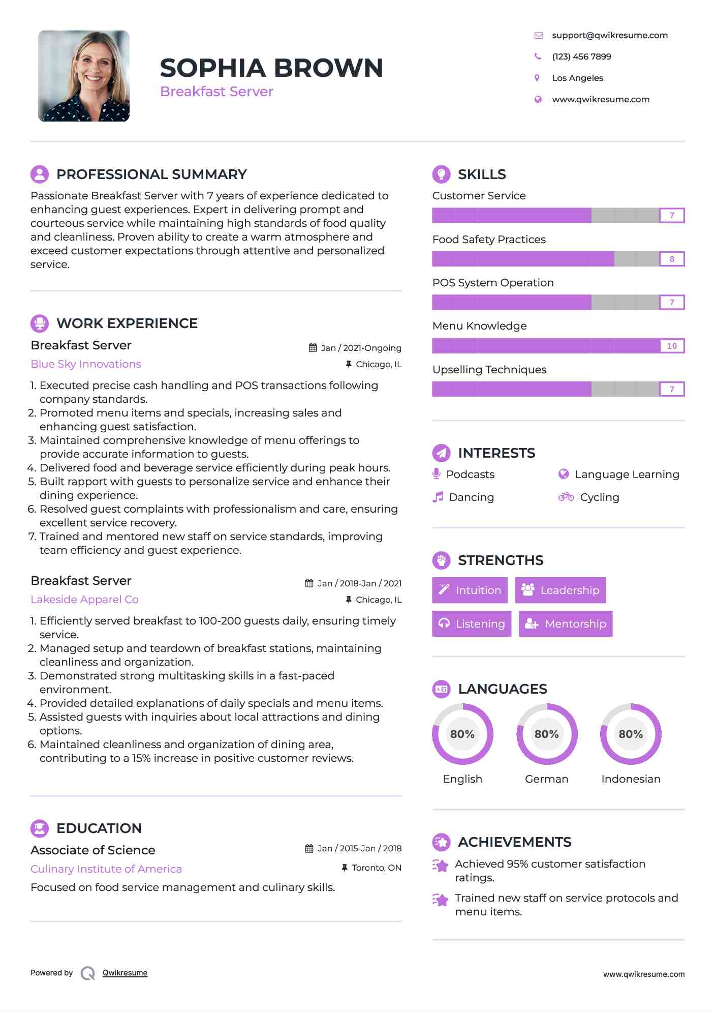 Breakfast Server Resume Model