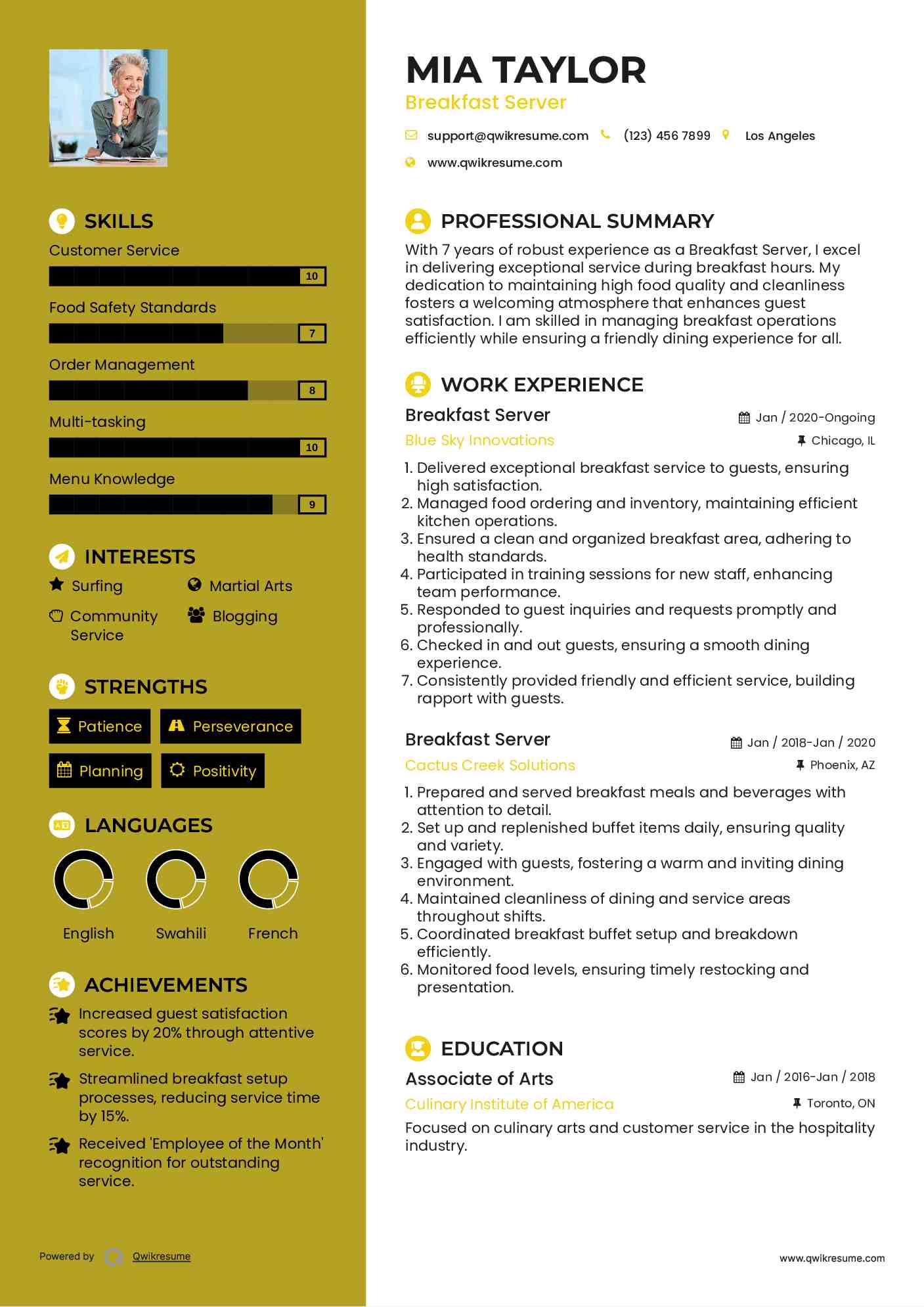Breakfast Server Resume Template