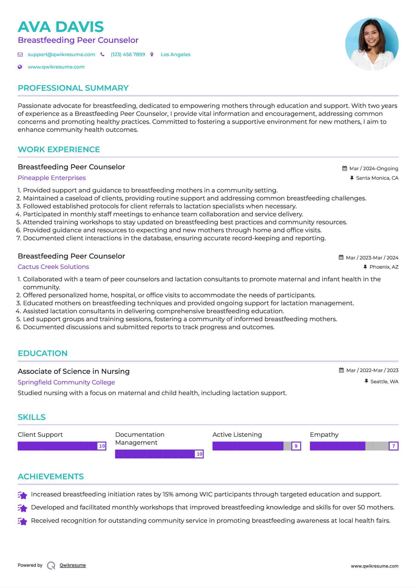 Breastfeeding Peer Counselor Resume Sample