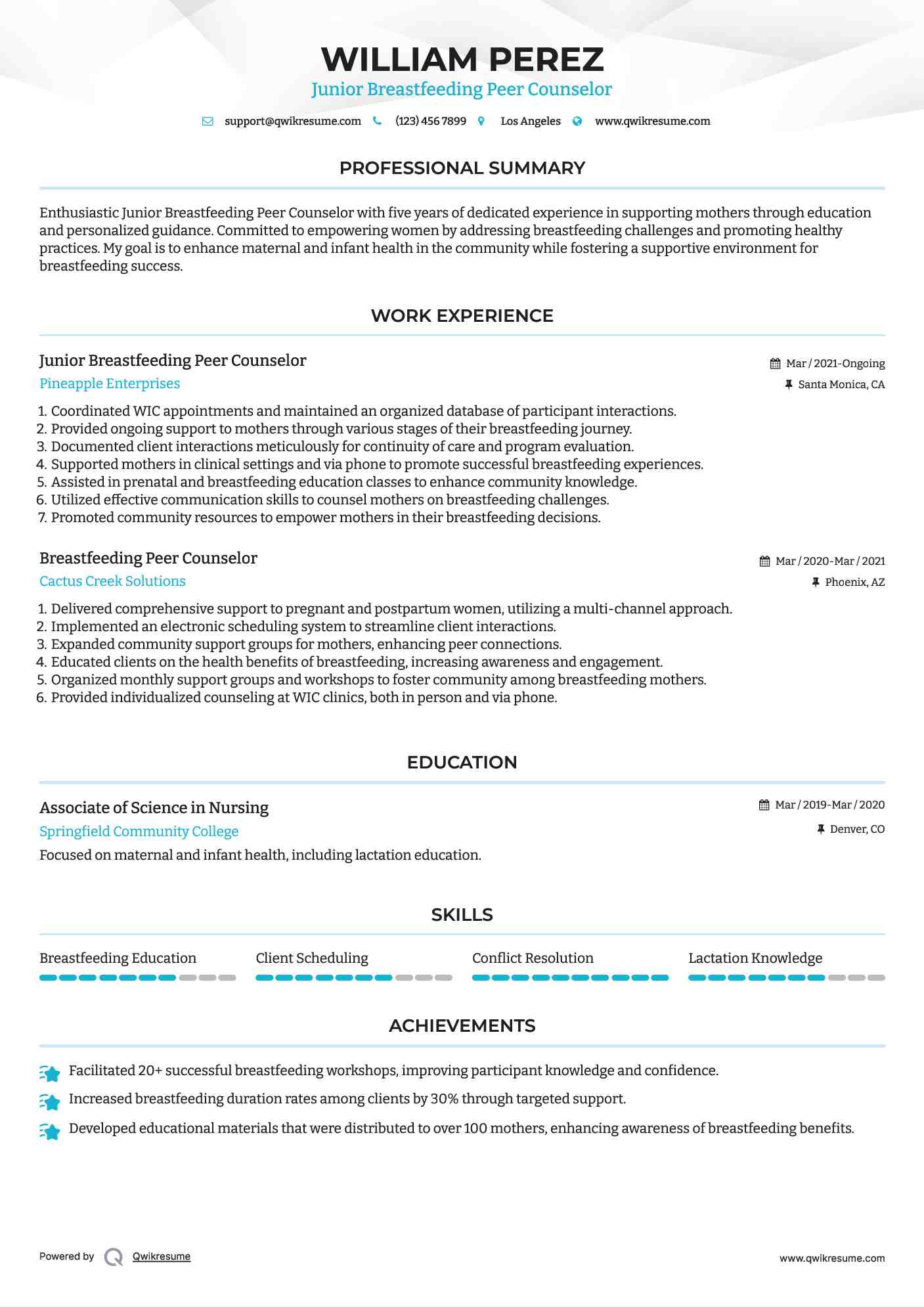 Junior Breastfeeding Peer Counselor Resume Example